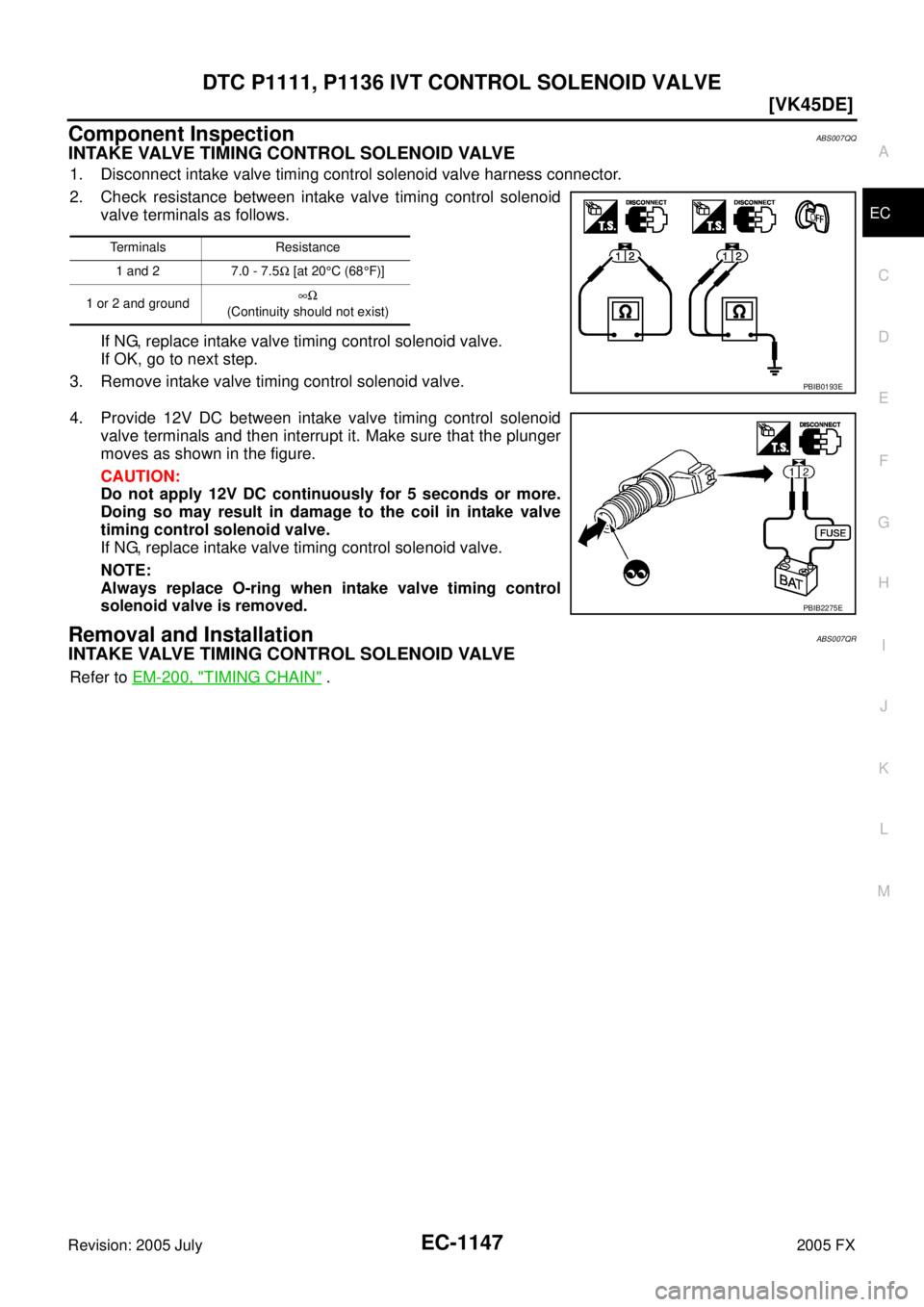 INFINITI FX35 2005  Service Manual DTC P1111, P1136 IVT CONTROL SOLENOID VALVE EC-1147
[VK45DE]
C 
D  E 
F 
G  H 
I 
J 
K  L 
M  A
EC 
Revision: 2005 July  2005 FX
Component InspectionABS007QQ
INTAKE VALVE TIMING CONTROL SOLENOID VALVE
