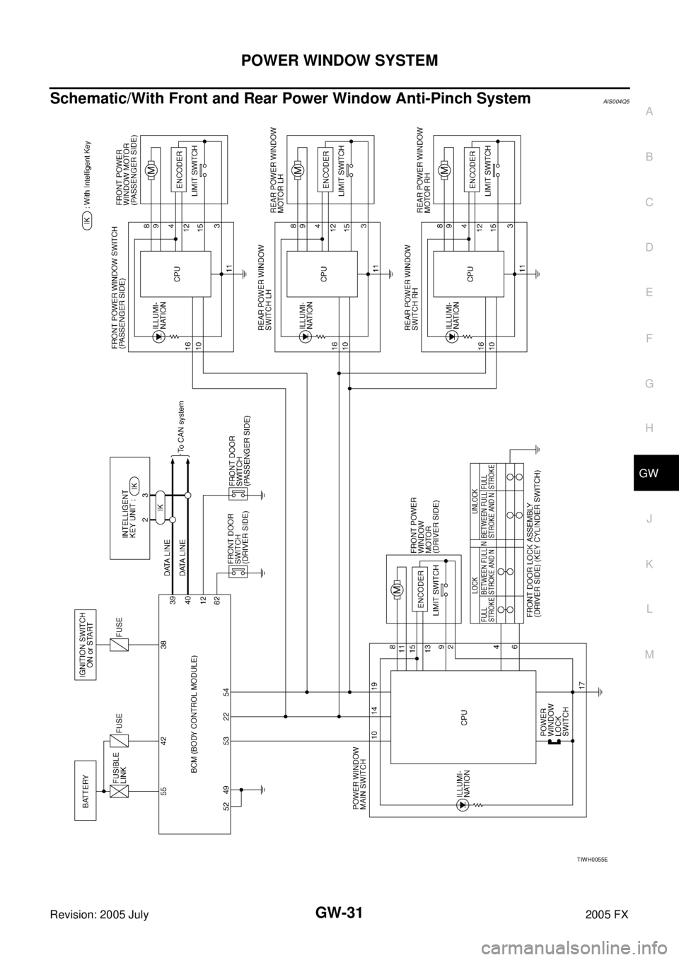 INFINITI FX35 2005 Service Manual POWER WINDOW SYSTEM GW-31
C
D E
F
G H
J
K L
M A
B
GW
Revision: 2005 July 2005 FX
Schematic/With Front and Rear Power Window Anti-Pinch SystemAIS004Q5
TIWH0055E INFINITI FX35 2005 Service Manual POWER WINDOW SYSTEM GW-31
C
D E
F
G H
J
K L
M A
B
GW
Revision: 2005 July 2005 FX
Schematic/With Front and Rear Power Window Anti-Pinch SystemAIS004Q5
TIWH0055E