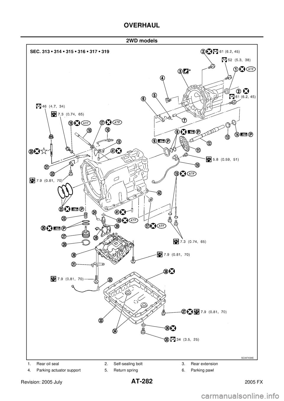 INFINITI FX35 2005  Service Manual AT-282
OVERHAUL
Revision: 2005 July 2005 FX
2WD models
SCIA7434E
1. Rear oil seal 2. Self-sealing bolt 3. Rear extension 
4. Parking actuator support 5. Return spring 6. Parking pawl 