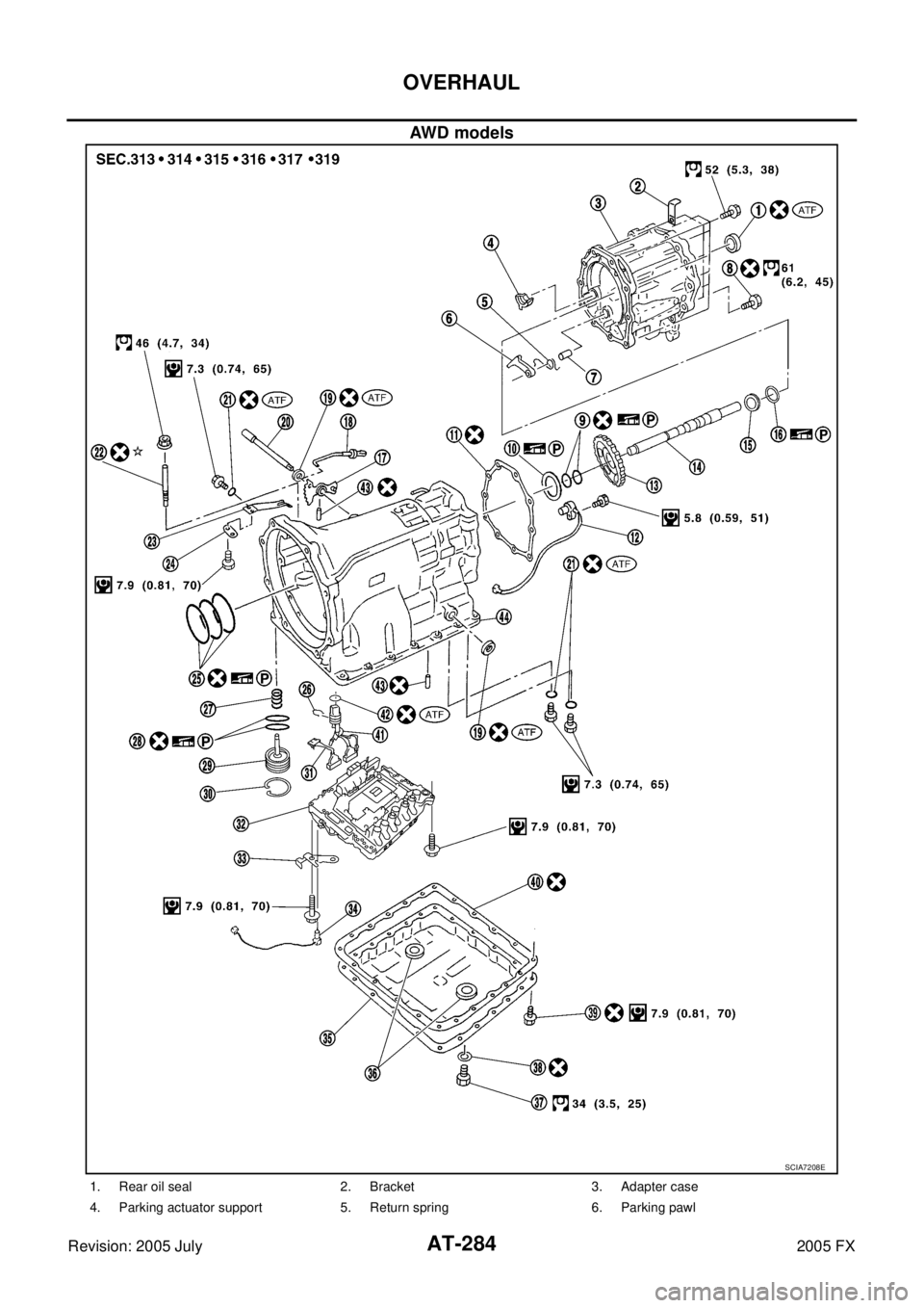 INFINITI FX35 2005  Service Manual AT-284
OVERHAUL
Revision: 2005 July 2005 FX
AWD models
SCIA7208E
1. Rear oil seal 2. Bracket 3. Adapter case 
4. Parking actuator support 5. Return spring 6. Parking pawl 