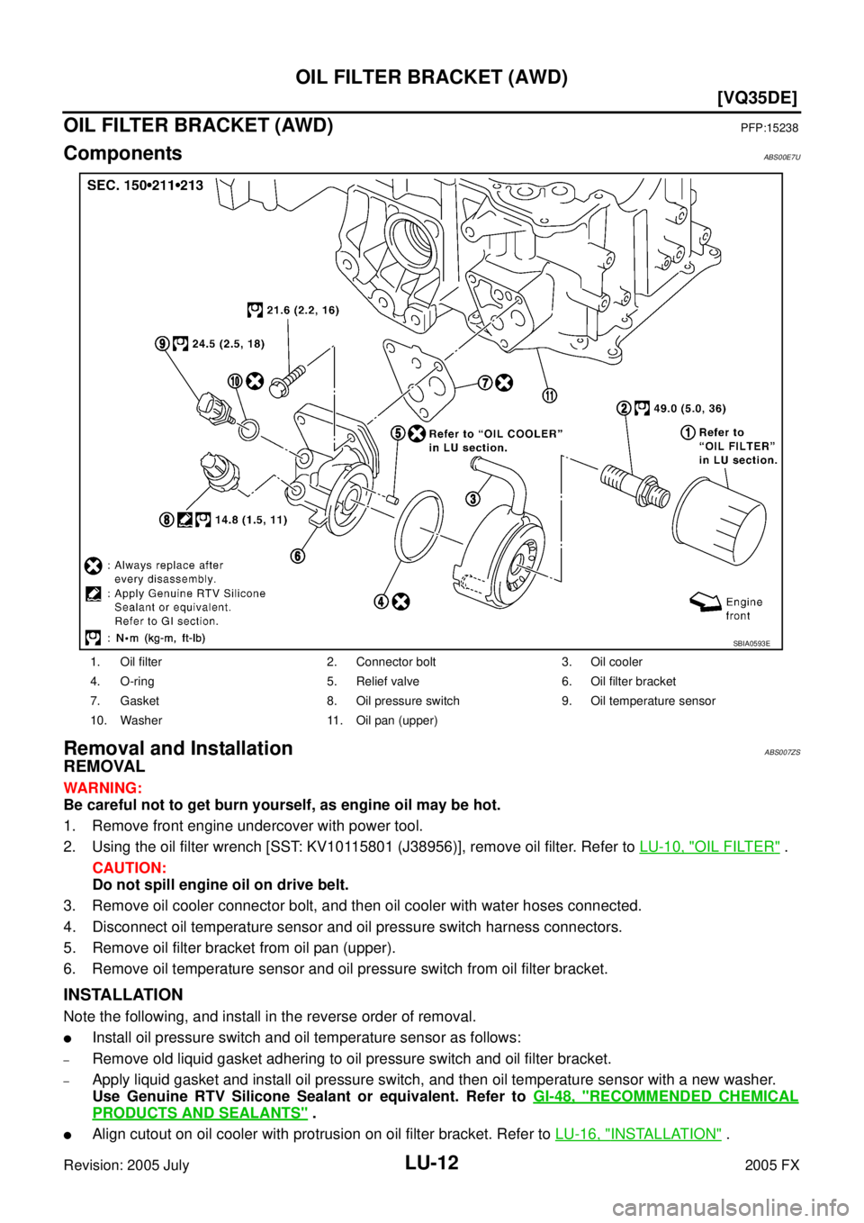 INFINITI FX35 2005  Service Manual LU-12
[VQ35DE]
OIL FILTER BRACKET (AWD)
Revision: 2005 July 2005 FX
OIL FILTER BRACKET (AWD)PFP:15238
ComponentsABS00E7U
Removal and InstallationABS007ZS
REMOVAL
WARNING: 
Be careful not to get burn y