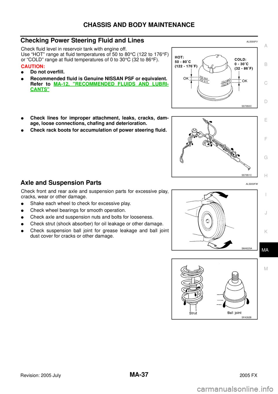 INFINITI FX35 2005  Service Manual CHASSIS AND BODY MAINTENANCE MA-37
C 
D  E 
F 
G  H 
I 
J 
K 
M  A 
B
MA 
Revision: 2005 July  2005 FX
Checking Power Steering Fluid and LinesALS000FV
Check fluid level in reservoir tank with engine o