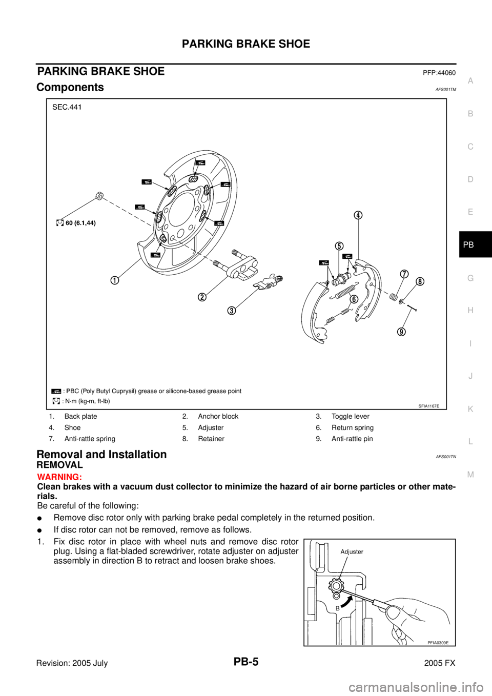 INFINITI FX35 2005  Service Manual PARKING BRAKE SHOE PB-5
C 
D  E 
G  H 
I 
J 
K  L 
M  A 
B
PB 
Revision: 2005 July  2005 FX
PARKING BRAKE SHOEPFP:44060
ComponentsAFS001TM
Removal and InstallationAFS001TN
REMOVAL
WARNING: 
Clean brak