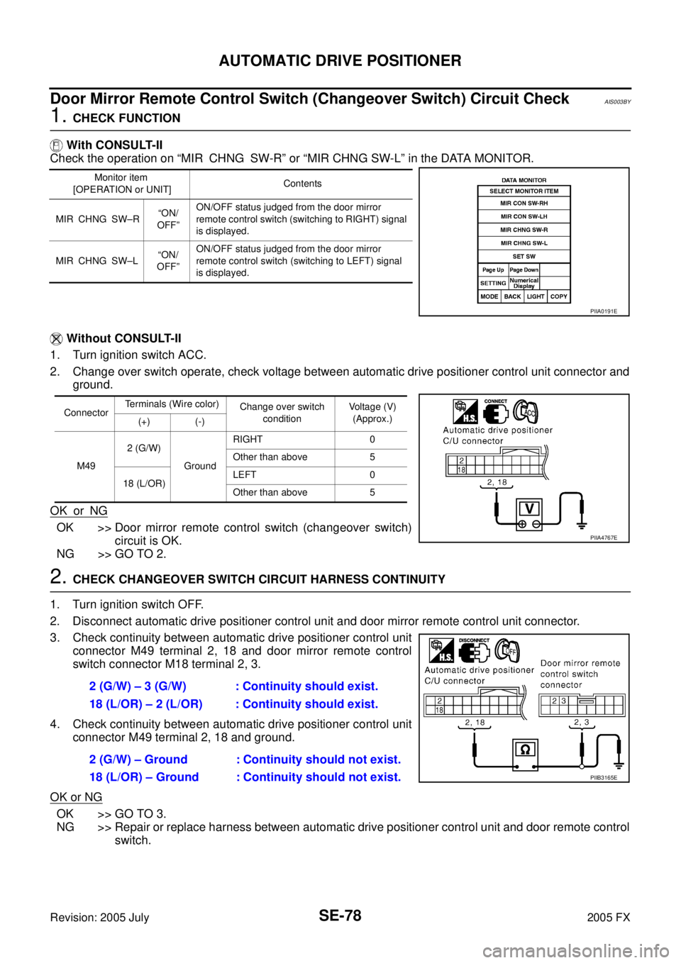 INFINITI FX35 2005 Service Manual SE-78
AUTOMATIC DRIVE POSITIONER
Revision: 2005 July 2005 FX
Door Mirror Remote Control Switch (Changeover Switch) Circuit CheckAIS003BY
1. CHECK FUNCTION
With CONSULT-II
Check the operation on †INFINITI FX35 2005 Service Manual SE-78
AUTOMATIC DRIVE POSITIONER
Revision: 2005 July 2005 FX
Door Mirror Remote Control Switch (Changeover Switch) Circuit CheckAIS003BY
1. CHECK FUNCTION
With CONSULT-II
Check the operation on â€
