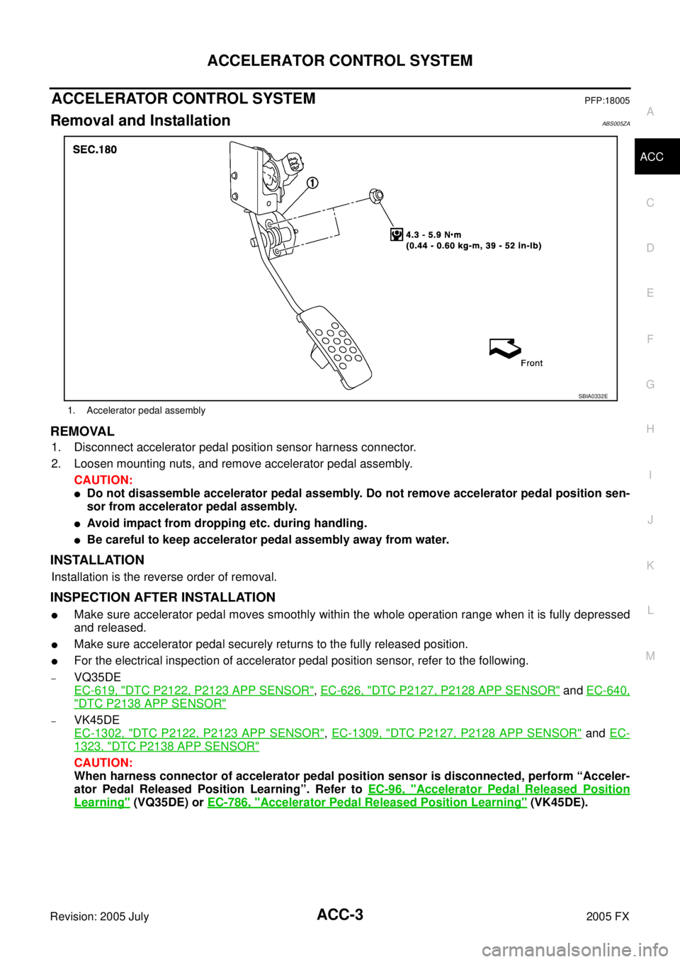 INFINITI FX35 2005  Service Manual ACCELERATOR CONTROL SYSTEM ACC-3
C 
D  E 
F 
G  H 
I 
J 
K  L 
M  A
ACC 
Revision: 2005 July  2005 FX
ACCELERATOR CONTROL SYSTEMPFP:18005
Removal and InstallationABS005ZA
REMOVAL
1. Disconnect acceler