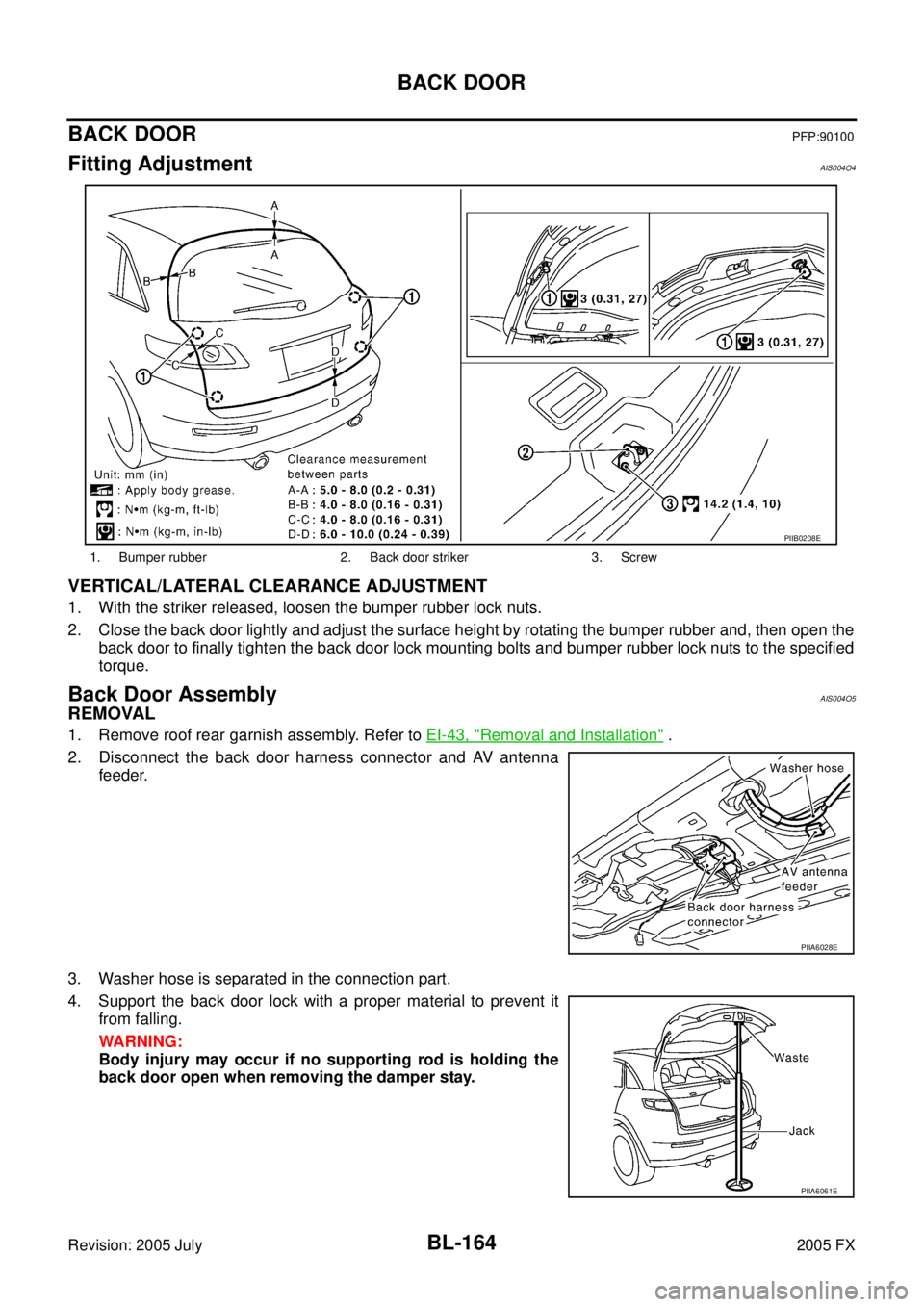 INFINITI FX35 2005  Service Manual BL-164
BACK DOOR
Revision: 2005 July 2005 FX
BACK DOORPFP:90100
Fitting AdjustmentAIS004O4
VERTICAL/LATERAL CLEARANCE ADJUSTMENT
1. With the striker released, loosen the bumper rubber lock nuts. 
2. C