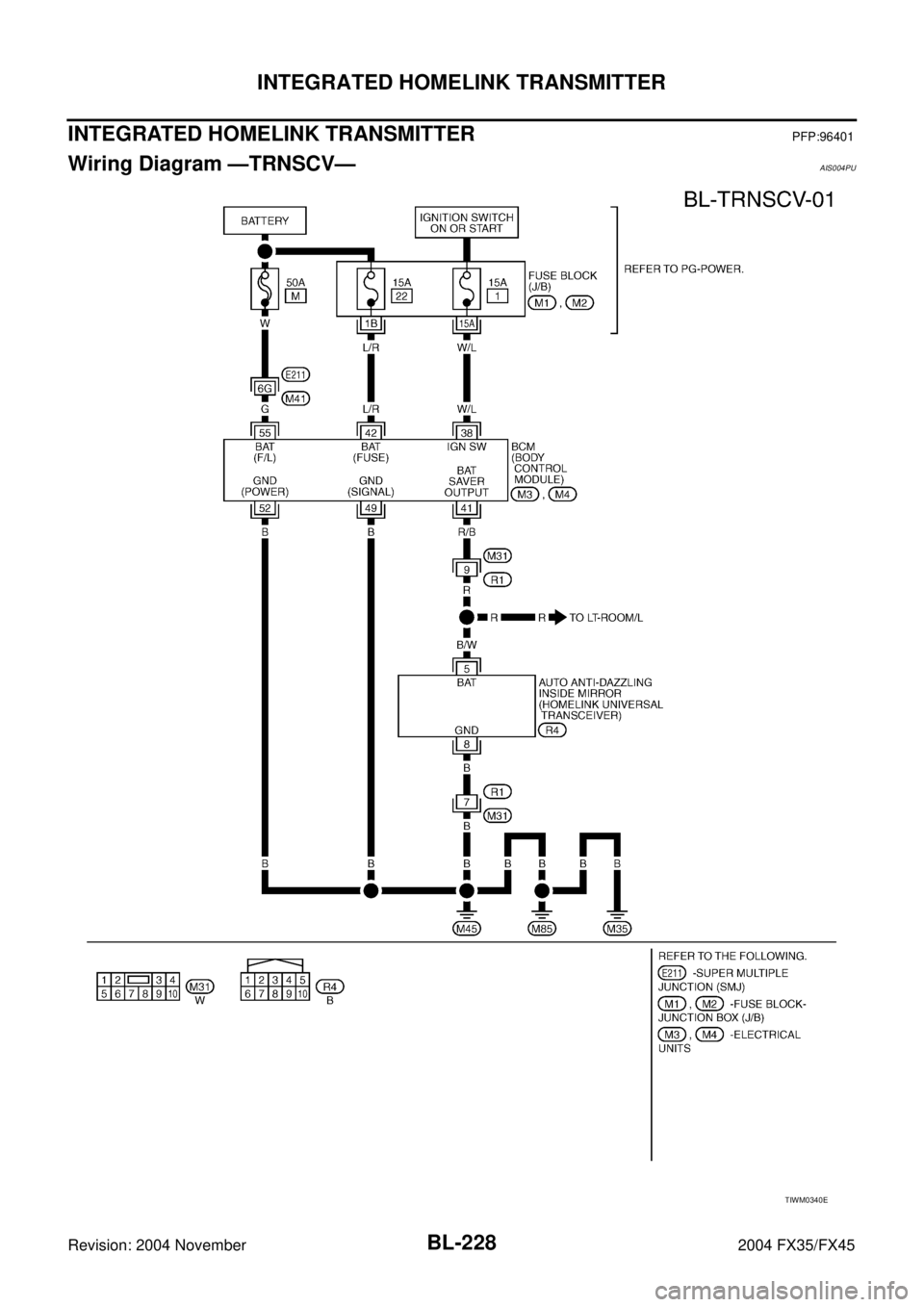 INFINITI FX35 2004 Repair Manual BL-228
INTEGRATED HOMELINK TRANSMITTER
Revision: 2004 November 2004 FX35/FX45
INTEGRATED HOMELINK TRANSMITTERPFP:96401
Wiring Diagram —TRNSCV—AIS004PU
TIWM0340E 