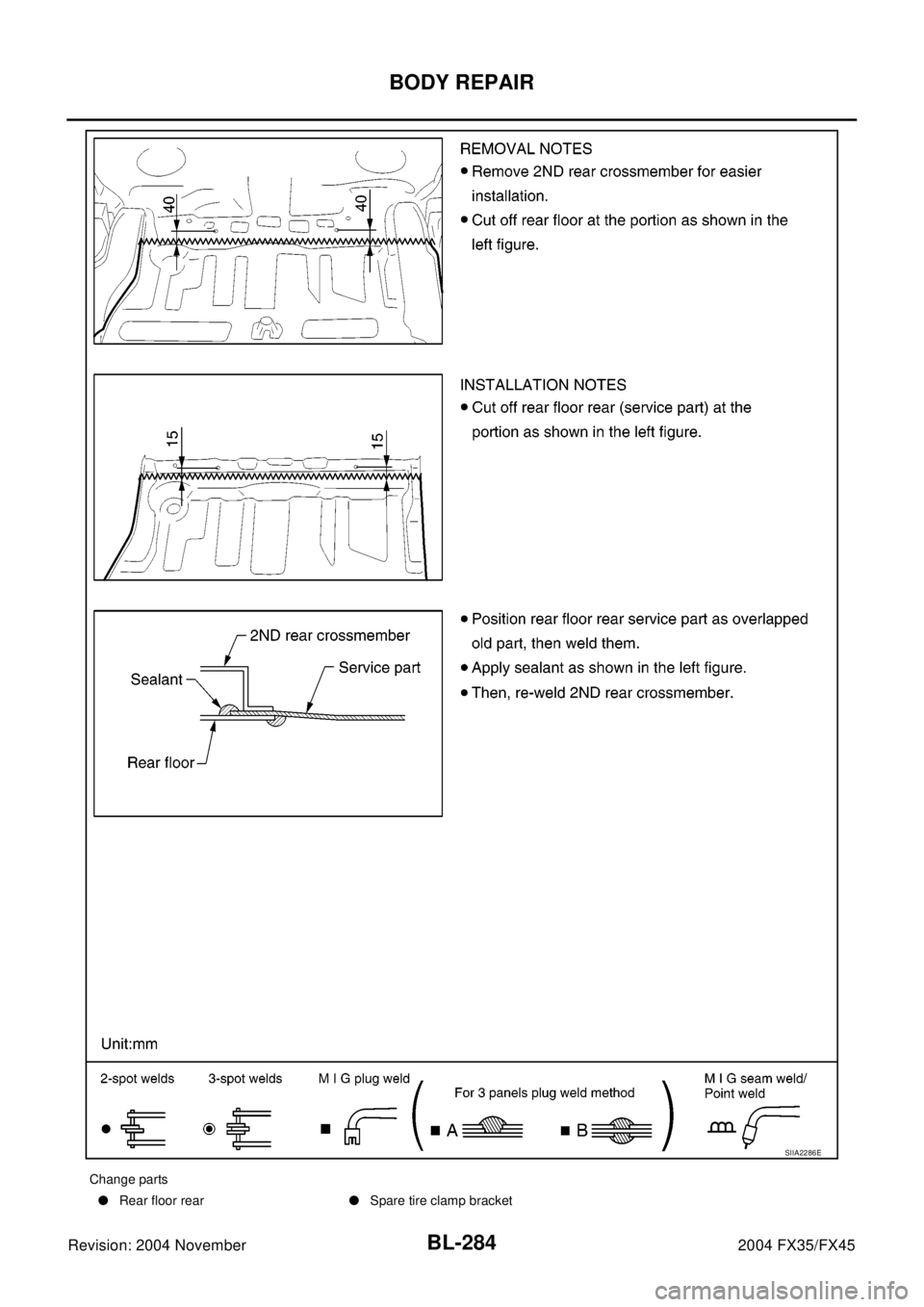INFINITI FX35 2004 Repair Manual BL-284
BODY REPAIR
Revision: 2004 November2004 FX35/FX45
SIIA2286E
Change parts
lRear floor rearlSpare tire clamp bracket 