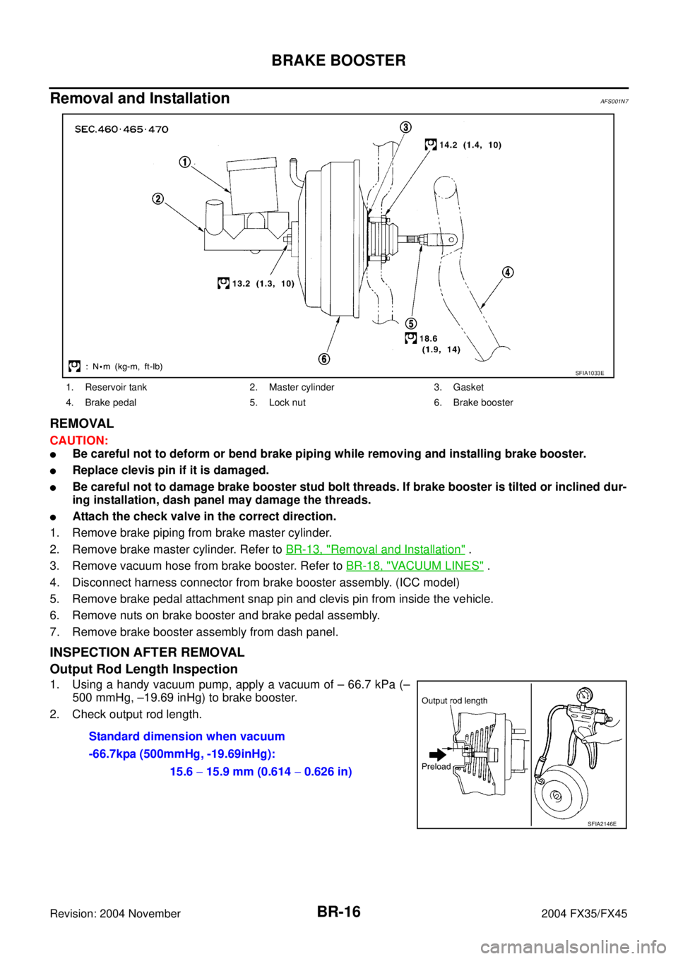 INFINITI FX35 2004  Service Manual BR-16
BRAKE BOOSTER
Revision: 2004 November 2004 FX35/FX45
Removal and InstallationAFS001N7
REMOVAL 
CAUTION:
Be careful not to deform or bend brake piping while removing and installing brake booster