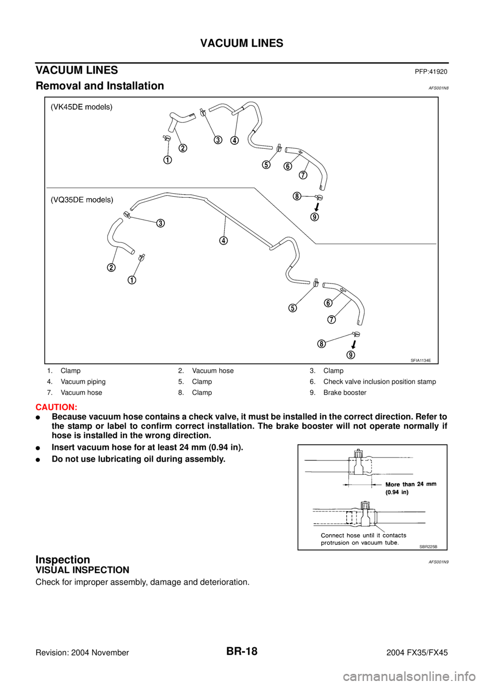 INFINITI FX35 2004 Workshop Manual BR-18
VACUUM LINES
Revision: 2004 November 2004 FX35/FX45
VACUUM LINESPFP:41920
Removal and InstallationAFS001N8
CAUTION:
Because vacuum hose contains a check valve, it must be installed in the corre