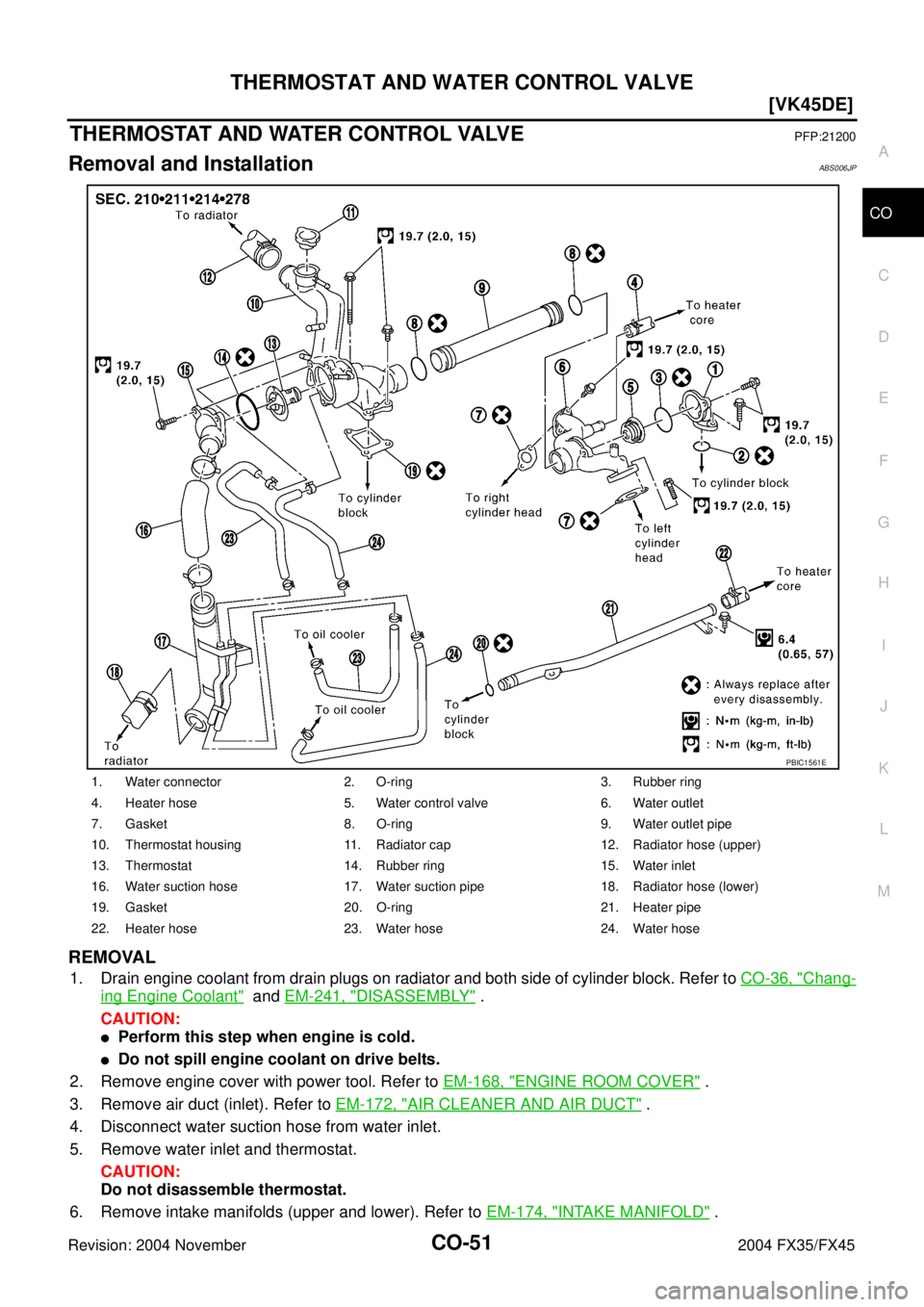 INFINITI FX35 2004 Owners Guide THERMOSTAT AND WATER CONTROL VALVE
CO-51
[VK45DE]
C
D
E
F
G
H
I
J
K
L
MA
CO
Revision: 2004 November 2004 FX35/FX45
THERMOSTAT AND WATER CONTROL VALVEPFP:21200
Removal and InstallationABS006JP
REMOVAL
