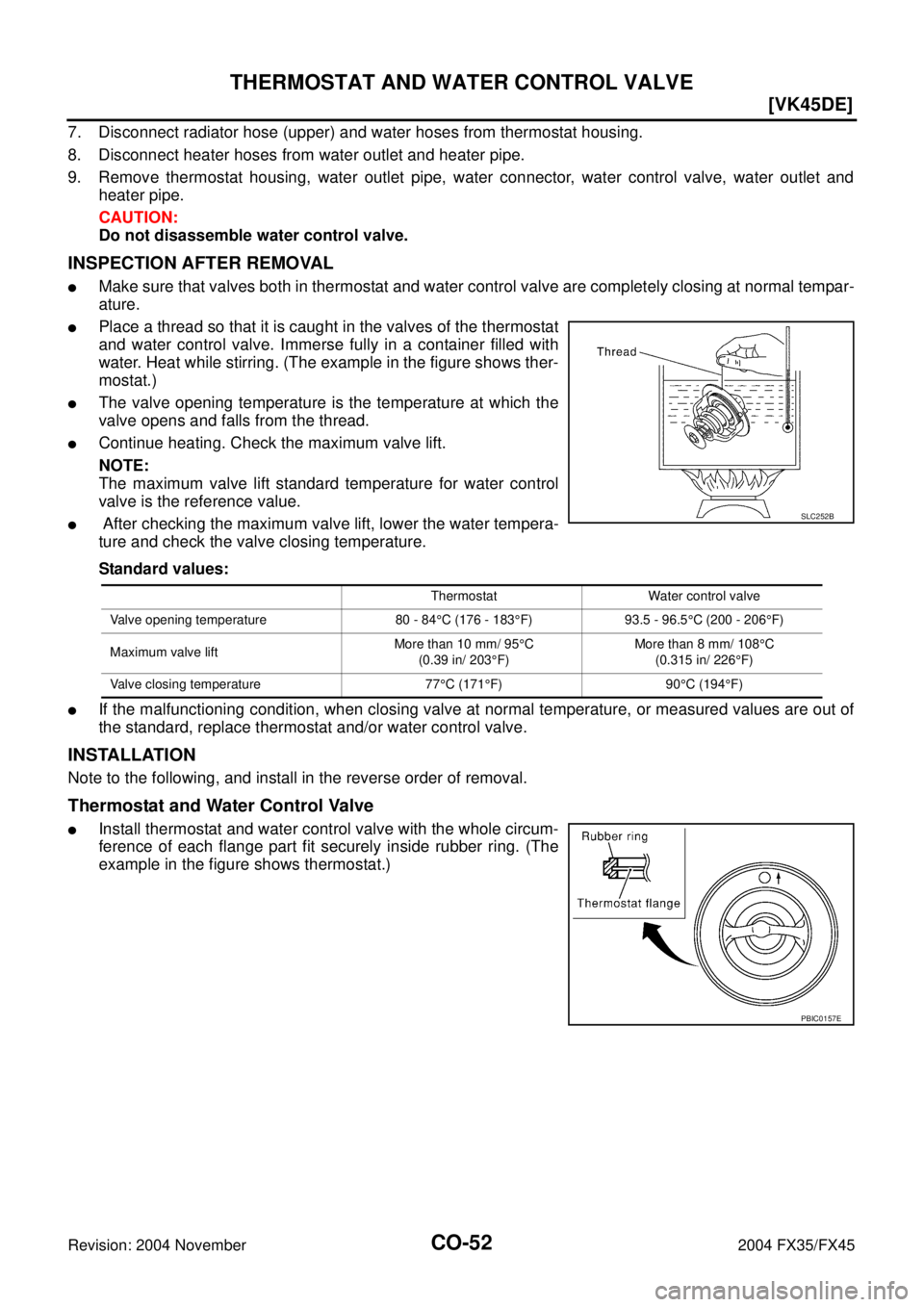 INFINITI FX35 2004 Workshop Manual CO-52
[VK45DE]
THERMOSTAT AND WATER CONTROL VALVE
Revision: 2004 November 2004 FX35/FX45
7. Disconnect radiator hose (upper) and water hoses from thermostat housing.
8. Disconnect heater hoses from wa