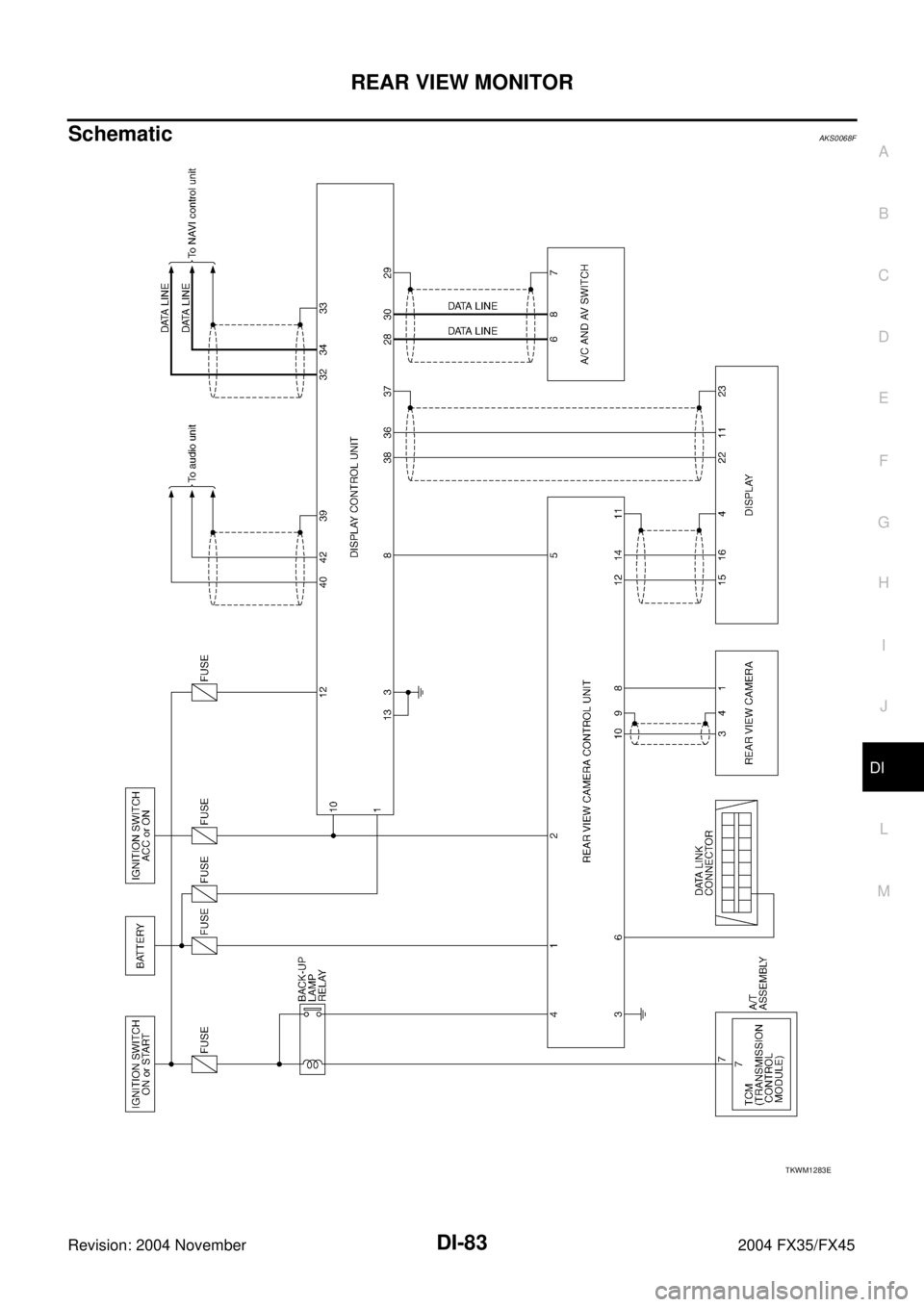INFINITI FX35 2004  Service Manual REAR VIEW MONITOR
DI-83
C
D
E
F
G
H
I
J
L
MA
B
DI
Revision: 2004 November 2004 FX35/FX45
SchematicAKS0068F
TKWM1283E 