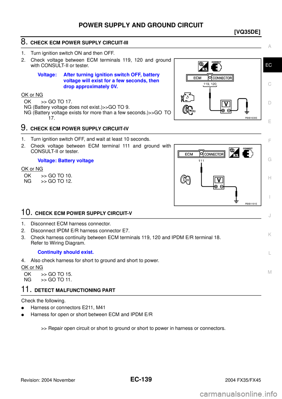 INFINITI FX35 2004  Service Manual POWER SUPPLY AND GROUND CIRCUIT
EC-139
[VQ35DE]
C
D
E
F
G
H
I
J
K
L
MA
EC
Revision: 2004 November 2004 FX35/FX45
8. CHECK ECM POWER SUPPLY CIRCUIT-III
1. Turn ignition switch ON and then OFF.
2. Check