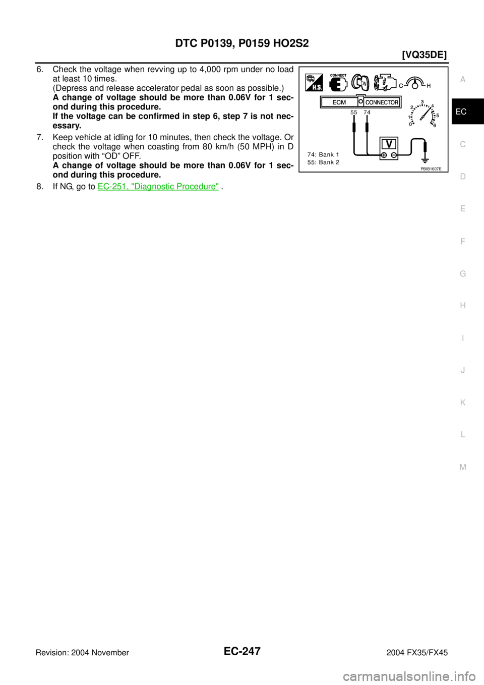 INFINITI FX35 2004  Service Manual DTC P0139, P0159 HO2S2
EC-247
[VQ35DE]
C
D
E
F
G
H
I
J
K
L
MA
EC
Revision: 2004 November 2004 FX35/FX45
6. Check the voltage when revving up to 4,000 rpm under no load
at least 10 times.
(Depress and 