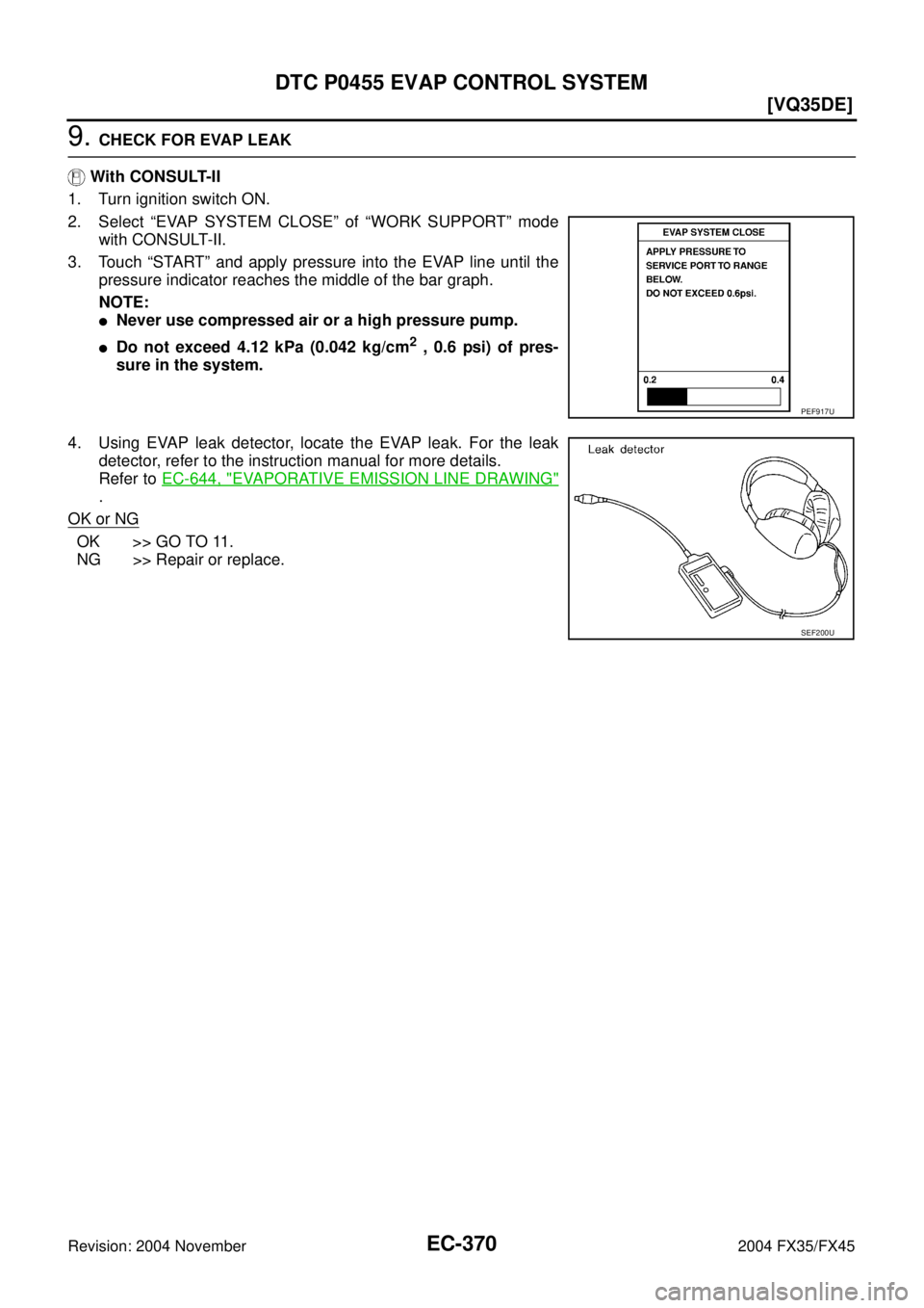 INFINITI FX35 2004  Service Manual EC-370
[VQ35DE]
DTC P0455 EVAP CONTROL SYSTEM
Revision: 2004 November 2004 FX35/FX45
9. CHECK FOR EVAP LEAK
 With CONSULT-II
1. Turn ignition switch ON.
2. Select “EVAP SYSTEM CLOSE” of “WORK SU