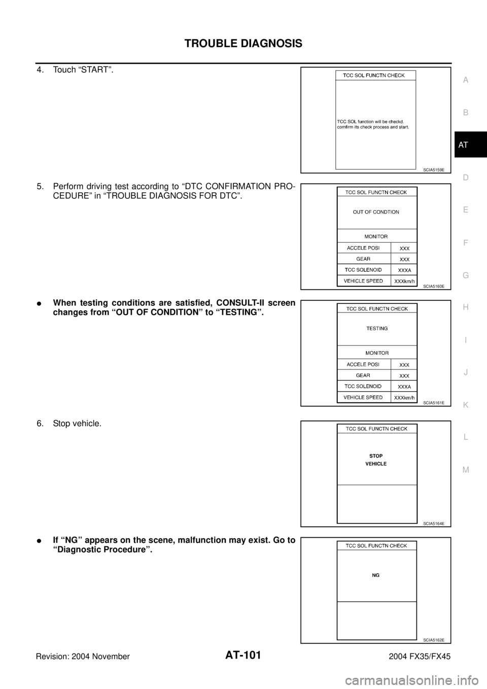 INFINITI FX35 2004 User Guide TROUBLE DIAGNOSIS
AT-101
D
E
F
G
H
I
J
K
L
MA
B
AT
Revision: 2004 November 2004 FX35/FX45
4. Touch “START”.
5. Perform driving test according to “DTC CONFIRMATION PRO-
CEDURE” in “TROUBLE DI