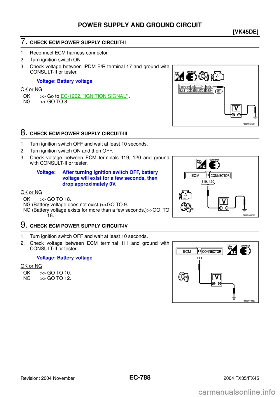 INFINITI FX35 2004 Manual PDF EC-788
[VK45DE]
POWER SUPPLY AND GROUND CIRCUIT
Revision: 2004 November 2004 FX35/FX45
7. CHECK ECM POWER SUPPLY CIRCUIT-II
1. Reconnect ECM harness connector.
2. Turn ignition switch ON.
3. Check vol