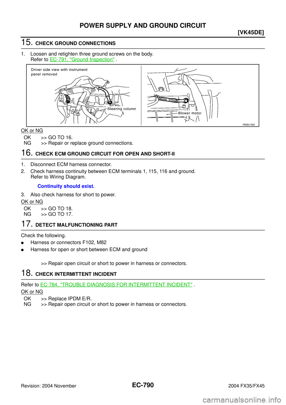 INFINITI FX35 2004 Manual PDF EC-790
[VK45DE]
POWER SUPPLY AND GROUND CIRCUIT
Revision: 2004 November 2004 FX35/FX45
15. CHECK GROUND CONNECTIONS
1. Loosen and retighten three ground screws on the body.
Refer to EC-791, "
Ground I