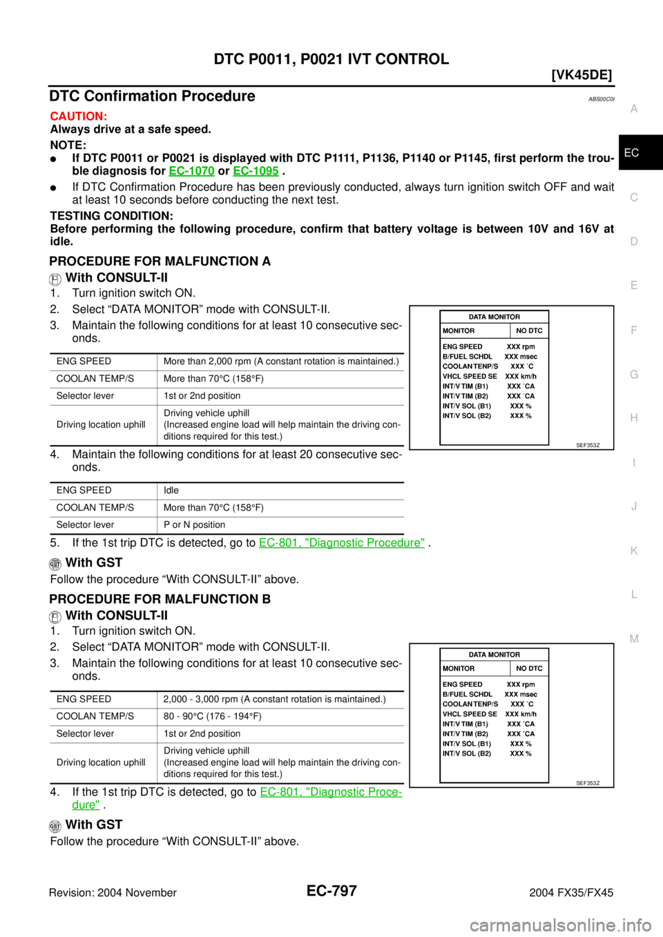 INFINITI FX35 2004  Service Manual DTC P0011, P0021 IVT CONTROL
EC-797
[VK45DE]
C
D
E
F
G
H
I
J
K
L
MA
EC
Revision: 2004 November 2004 FX35/FX45
DTC Confirmation ProcedureABS00C0I
CAUTION:
Always drive at a safe speed.
NOTE:
If DTC P0