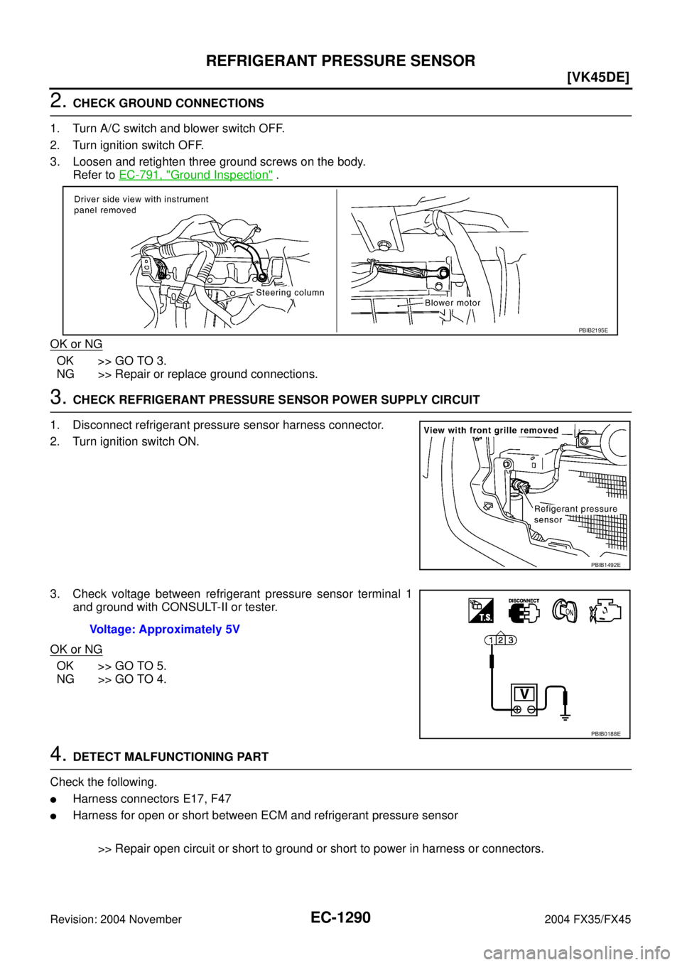 INFINITI FX35 2004 Owners Manual EC-1290
[VK45DE]
REFRIGERANT PRESSURE SENSOR
Revision: 2004 November 2004 FX35/FX45
2. CHECK GROUND CONNECTIONS
1. Turn A/C switch and blower switch OFF.
2. Turn ignition switch OFF.
3. Loosen and ret