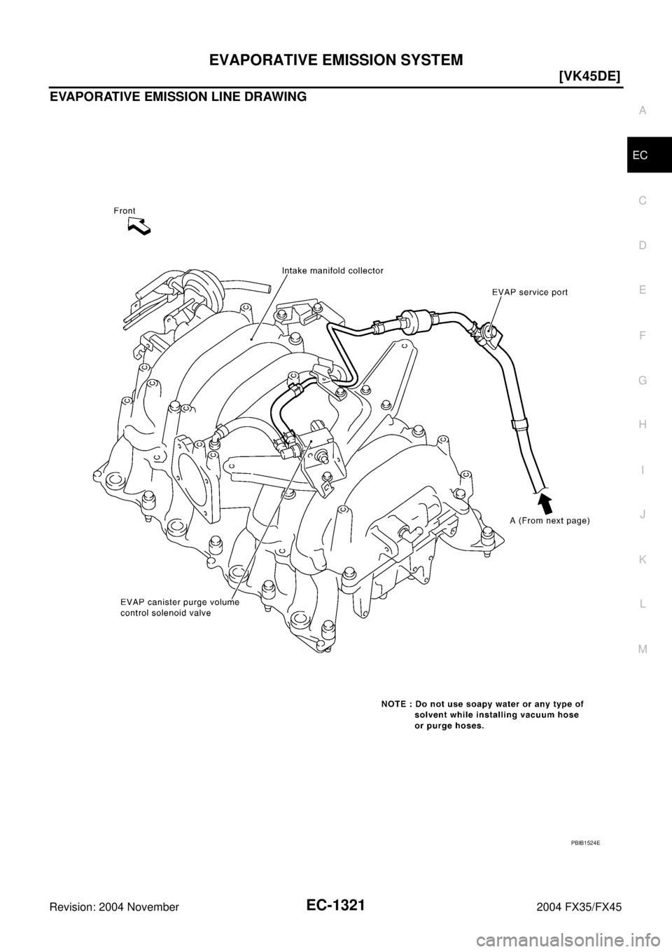 INFINITI FX35 2004  Service Manual EVAPORATIVE EMISSION SYSTEM
EC-1321
[VK45DE]
C
D
E
F
G
H
I
J
K
L
MA
EC
Revision: 2004 November 2004 FX35/FX45
EVAPORATIVE EMISSION LINE DRAWING
PBIB1524E 