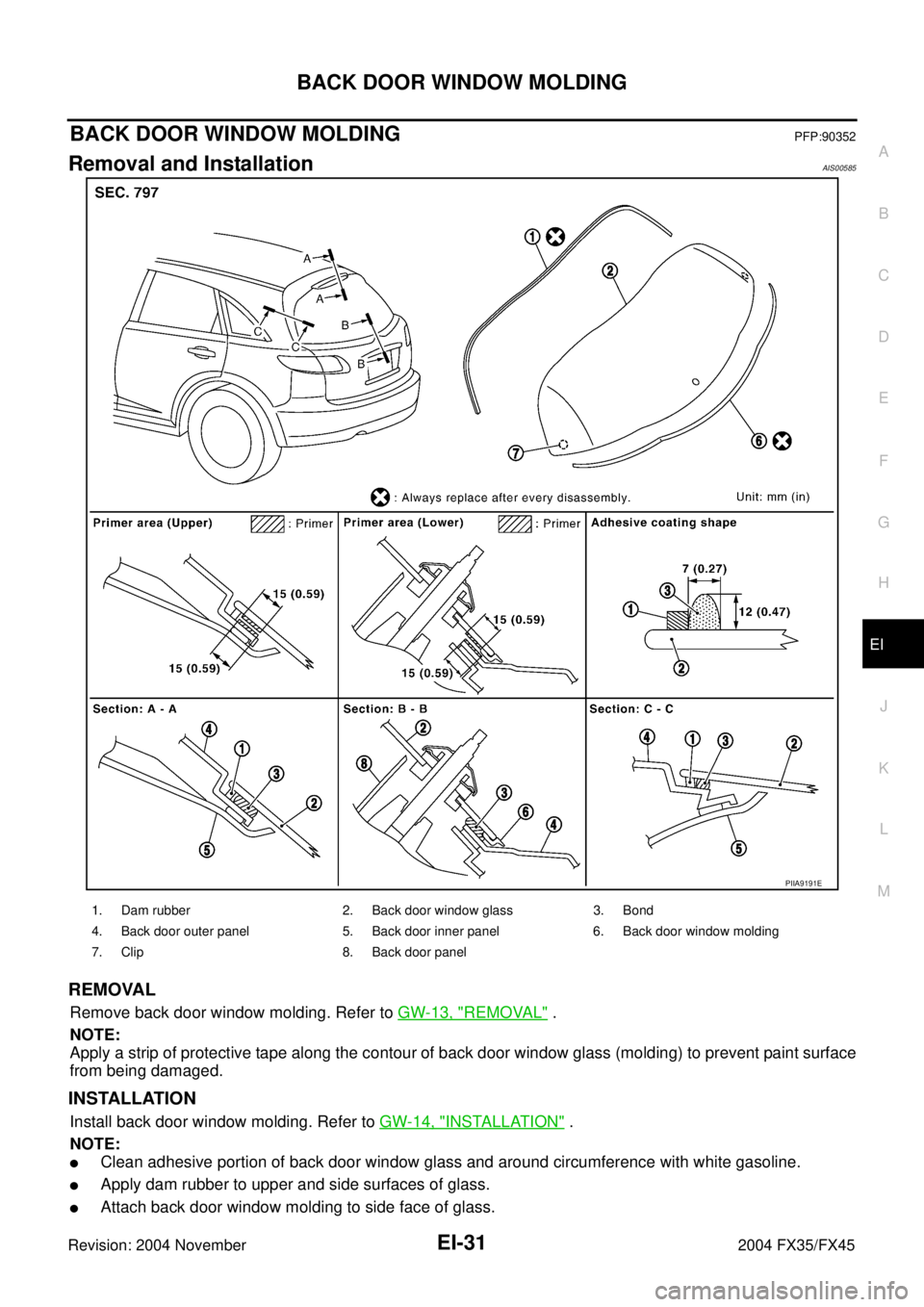 INFINITI FX35 2004 Repair Manual BACK DOOR WINDOW MOLDING
EI-31
C
D
E
F
G
H
J
K
L
MA
B
EI
Revision: 2004 November 2004 FX35/FX45
BACK DOOR WINDOW MOLDINGPFP:90352
Removal and InstallationAIS00585
REMOVAL
Remove back door window moldi
