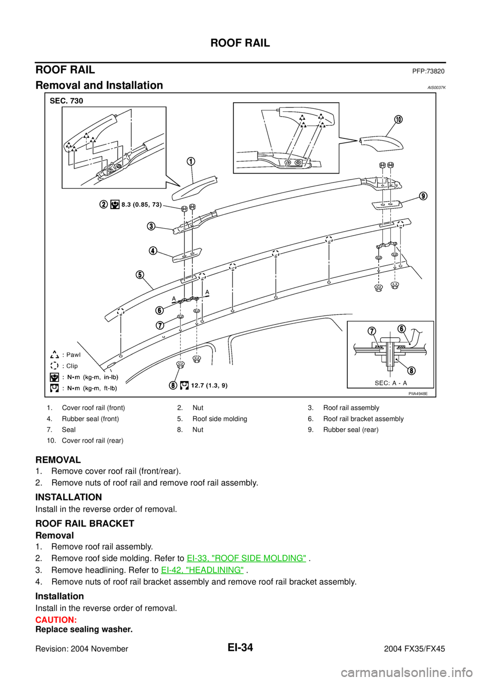 INFINITI FX35 2004 Service Manual EI-34
ROOF RAIL
Revision: 2004 November 2004 FX35/FX45
ROOF RAILPFP:73820
Removal and InstallationAIS0037K
REMOVAL
1. Remove cover roof rail (front/rear).
2. Remove nuts of roof rail and remove roof r INFINITI FX35 2004 Service Manual EI-34
ROOF RAIL
Revision: 2004 November 2004 FX35/FX45
ROOF RAILPFP:73820
Removal and InstallationAIS0037K
REMOVAL
1. Remove cover roof rail (front/rear).
2. Remove nuts of roof rail and remove roof r
