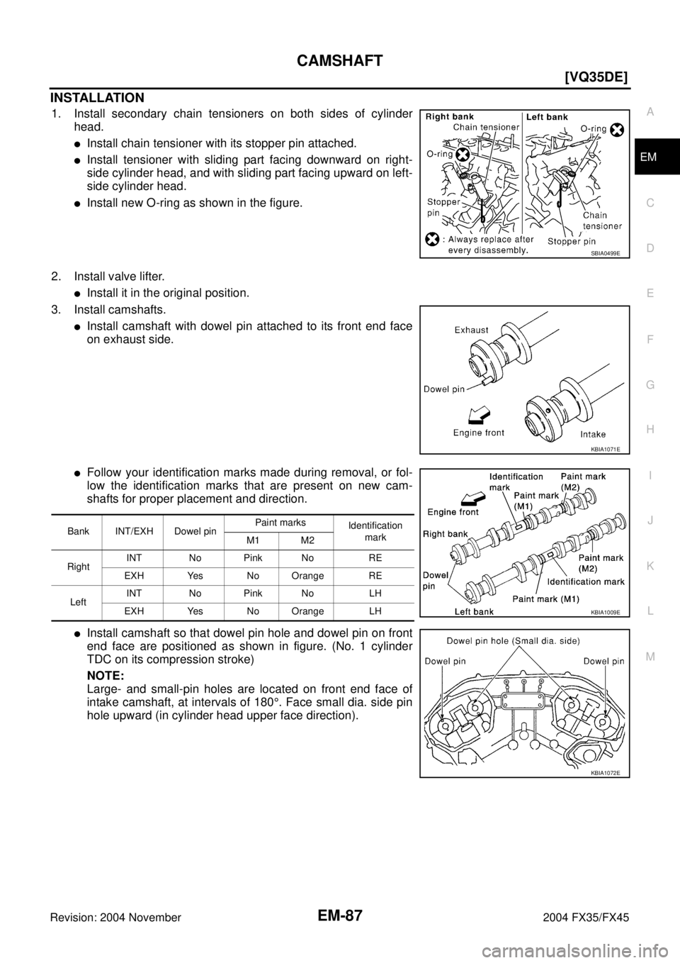 INFINITI FX35 2004 Manual Online CAMSHAFT
EM-87
[VQ35DE]
C
D
E
F
G
H
I
J
K
L
MA
EM
Revision: 2004 November 2004 FX35/FX45
INSTALLATION
1. Install secondary chain tensioners on both sides of cylinder
head.
Install chain tensioner wit
