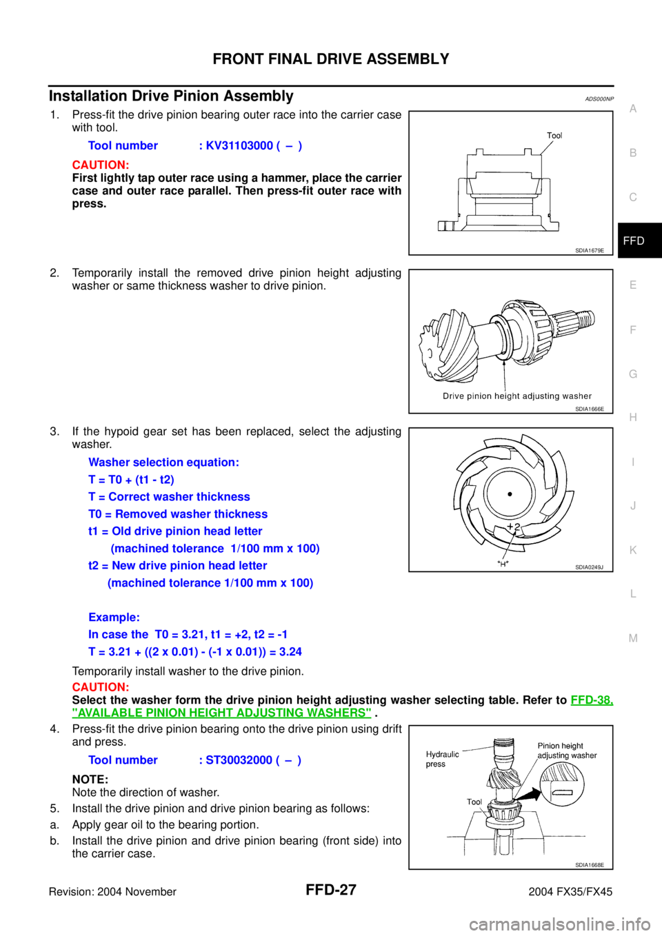 INFINITI FX35 2004  Service Manual FRONT FINAL DRIVE ASSEMBLY
FFD-27
C
E
F
G
H
I
J
K
L
MA
B
FFD
Revision: 2004 November 2004 FX35/FX45
Installation Drive Pinion AssemblyADS000NP
1. Press-fit the drive pinion bearing outer race into the