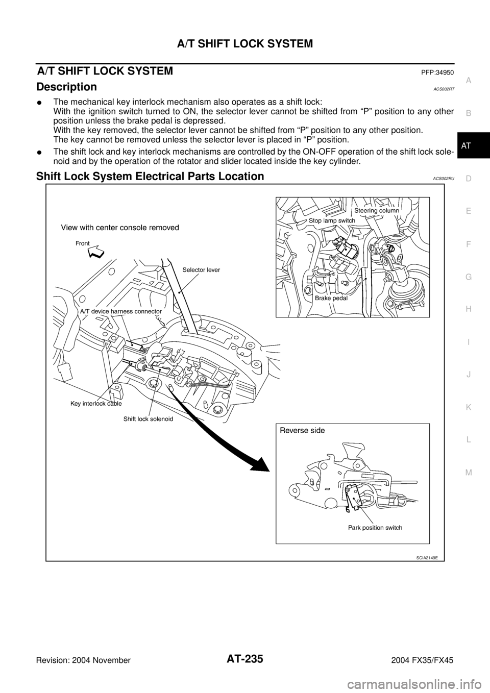 INFINITI FX35 2004  Service Manual A/T SHIFT LOCK SYSTEM
AT-235
D
E
F
G
H
I
J
K
L
MA
B
AT
Revision: 2004 November 2004 FX35/FX45
A/T SHIFT LOCK SYSTEMPFP:34950
DescriptionACS002RT
The mechanical key interlock mechanism also operates a