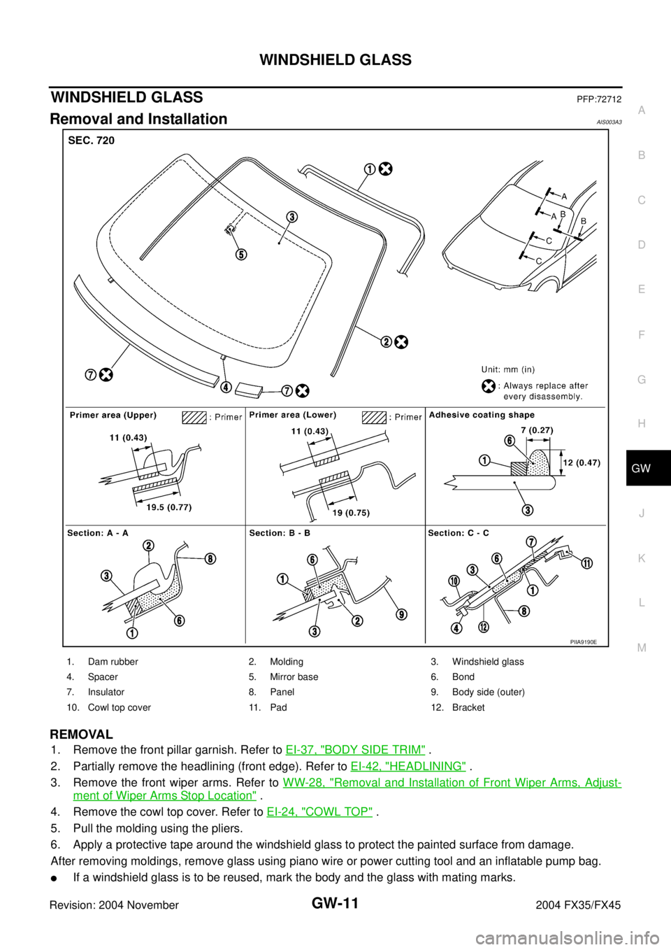 INFINITI FX35 2004  Service Manual WINDSHIELD GLASS
GW-11
C
D
E
F
G
H
J
K
L
MA
B
GW
Revision: 2004 November 2004 FX35/FX45
WINDSHIELD GLASSPFP:72712
Removal and InstallationAIS003A3
REMOVAL
1. Remove the front pillar garnish. Refer to 