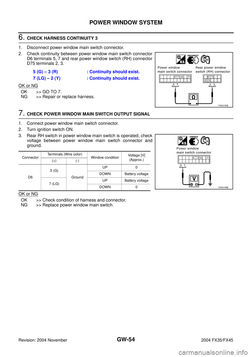 INFINITI FX35 2004 Service Manual GW-54
POWER WINDOW SYSTEM
Revision: 2004 November 2004 FX35/FX45
6. CHECK HARNESS CONTINUITY 3
1. Disconnect power window main switch connector.
2. Check continuity between power window main switch co INFINITI FX35 2004 Service Manual GW-54
POWER WINDOW SYSTEM
Revision: 2004 November 2004 FX35/FX45
6. CHECK HARNESS CONTINUITY 3
1. Disconnect power window main switch connector.
2. Check continuity between power window main switch co