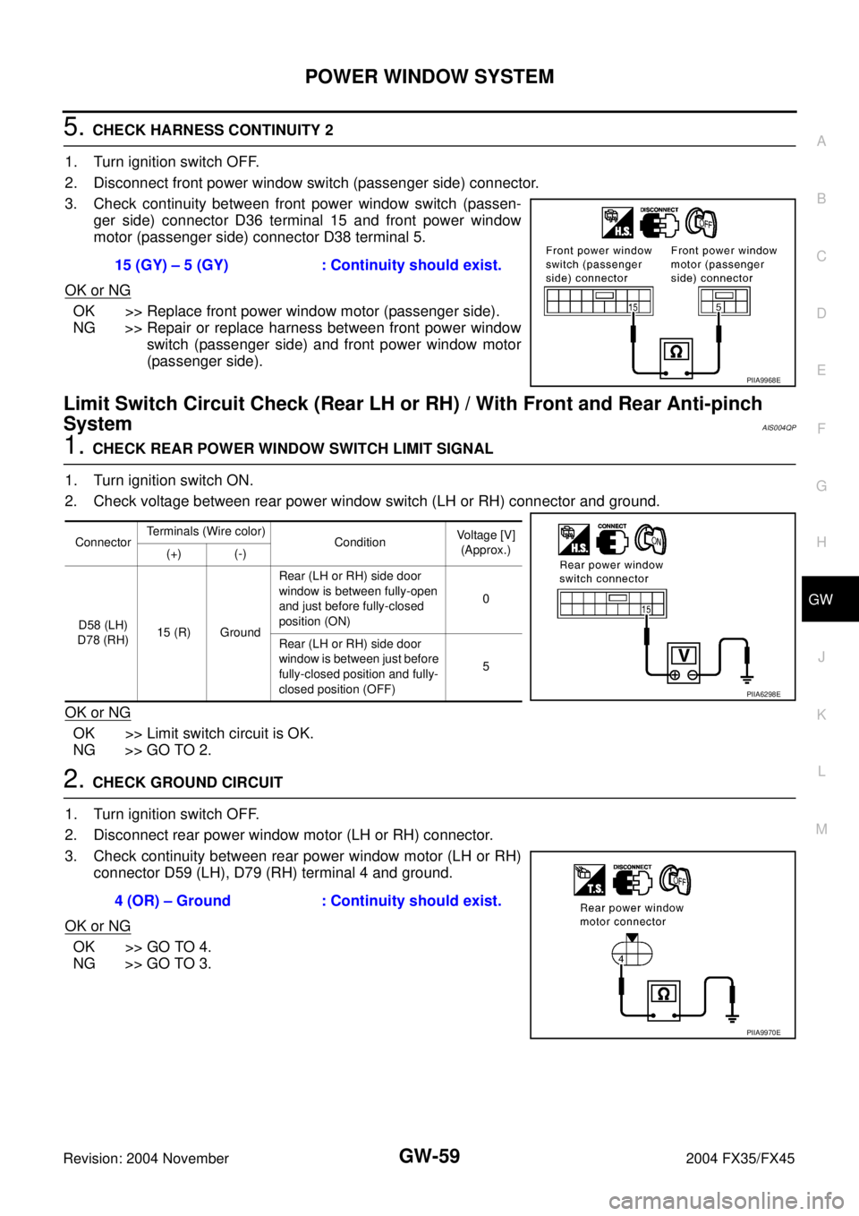 INFINITI FX35 2004 Service Manual POWER WINDOW SYSTEM
GW-59
C
D
E
F
G
H
J
K
L
MA
B
GW
Revision: 2004 November 2004 FX35/FX45
5. CHECK HARNESS CONTINUITY 2
1. Turn ignition switch OFF.
2. Disconnect front power window switch (passenger INFINITI FX35 2004 Service Manual POWER WINDOW SYSTEM
GW-59
C
D
E
F
G
H
J
K
L
MA
B
GW
Revision: 2004 November 2004 FX35/FX45
5. CHECK HARNESS CONTINUITY 2
1. Turn ignition switch OFF.
2. Disconnect front power window switch (passenger