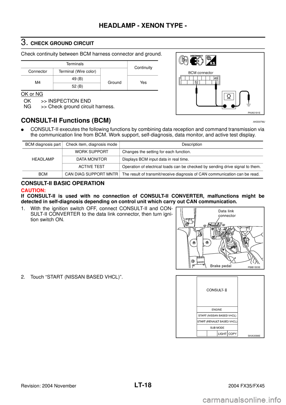 INFINITI FX35 2004  Service Manual LT-18
HEADLAMP - XENON TYPE -
Revision: 2004 November 2004 FX35/FX45
3. CHECK GROUND CIRCUIT
Check continuity between BCM harness connector and ground.
OK or NG
OK >> INSPECTION END
NG >> Check ground
