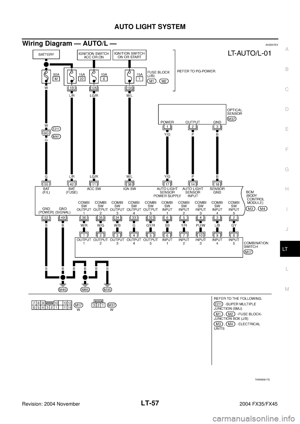 INFINITI FX35 2004 Service Manual AUTO LIGHT SYSTEM
LT-57
C
D
E
F
G
H
I
J
L
MA
B
LT
Revision: 2004 November 2004 FX35/FX45
Wiring Diagram — AUTO/L —AKS007EX
TKWM0817E INFINITI FX35 2004 Service Manual AUTO LIGHT SYSTEM
LT-57
C
D
E
F
G
H
I
J
L
MA
B
LT
Revision: 2004 November 2004 FX35/FX45
Wiring Diagram — AUTO/L —AKS007EX
TKWM0817E