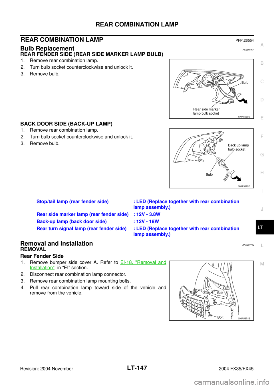 INFINITI FX35 2004 Owners Guide REAR COMBINATION LAMP
LT-147
C
D
E
F
G
H
I
J
L
MA
B
LT
Revision: 2004 November 2004 FX35/FX45
REAR COMBINATION LAMPPFP:26554
Bulb ReplacementAKS007FP
REAR FENDER SIDE (REAR SIDE MARKER LAMP BULB)
1. R
