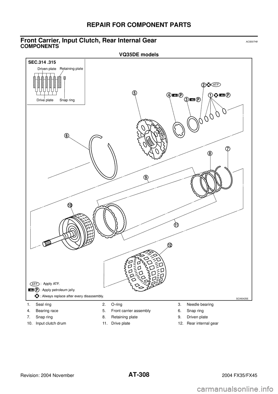 INFINITI FX35 2004  Service Manual AT-308
REPAIR FOR COMPONENT PARTS
Revision: 2004 November 2004 FX35/FX45
Front Carrier, Input Clutch, Rear Internal GearACS007H9
COMPONENTS
VQ35DE models
SCIA5425E
1. Seal ring 2. O-ring 3. Needle bea
