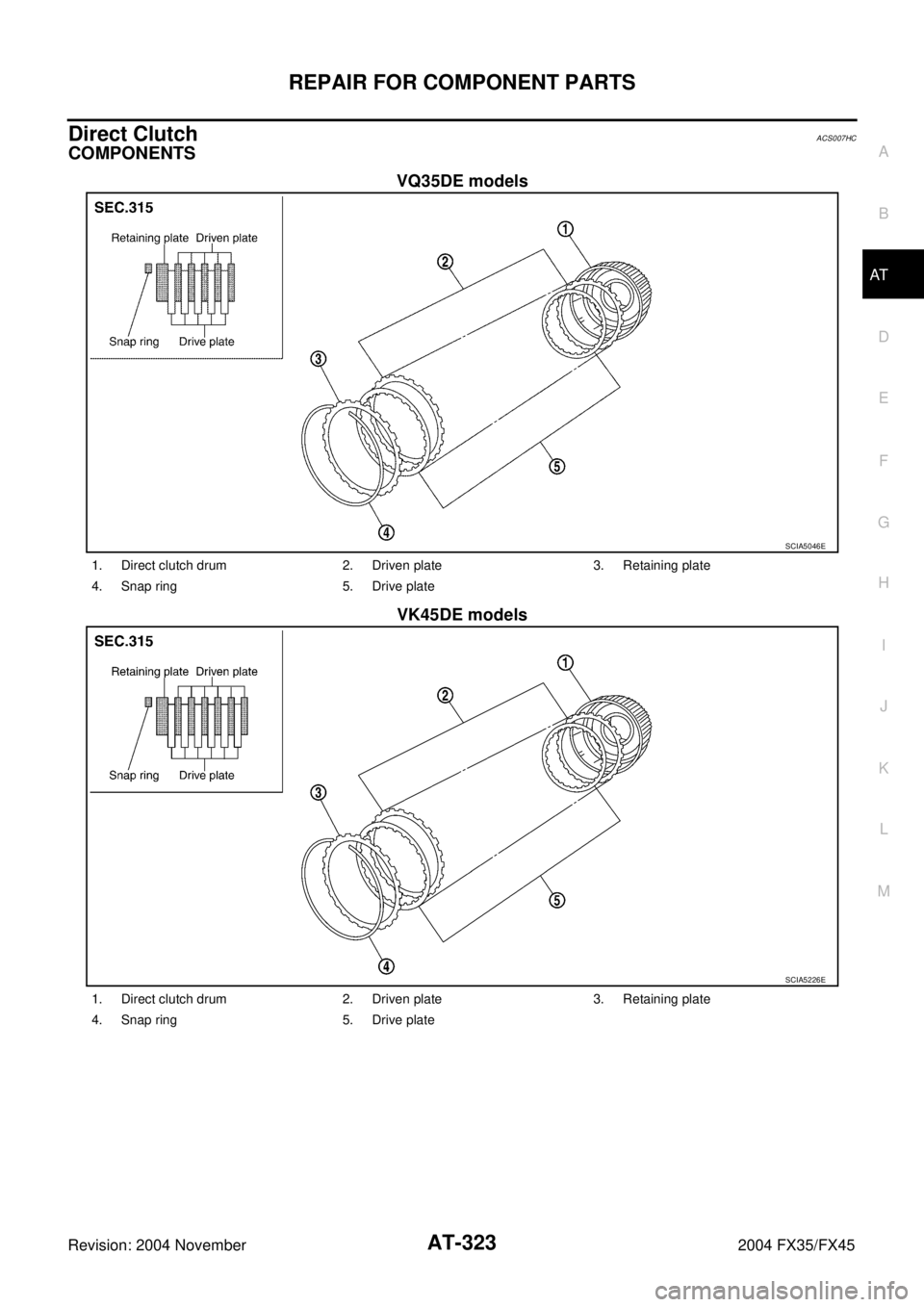 INFINITI FX35 2004  Service Manual REPAIR FOR COMPONENT PARTS
AT-323
D
E
F
G
H
I
J
K
L
MA
B
AT
Revision: 2004 November 2004 FX35/FX45
Direct ClutchACS007HC
COMPONENTS
VQ35DE models
VK45DE models
SCIA5046E
1. Direct clutch drum 2. Drive