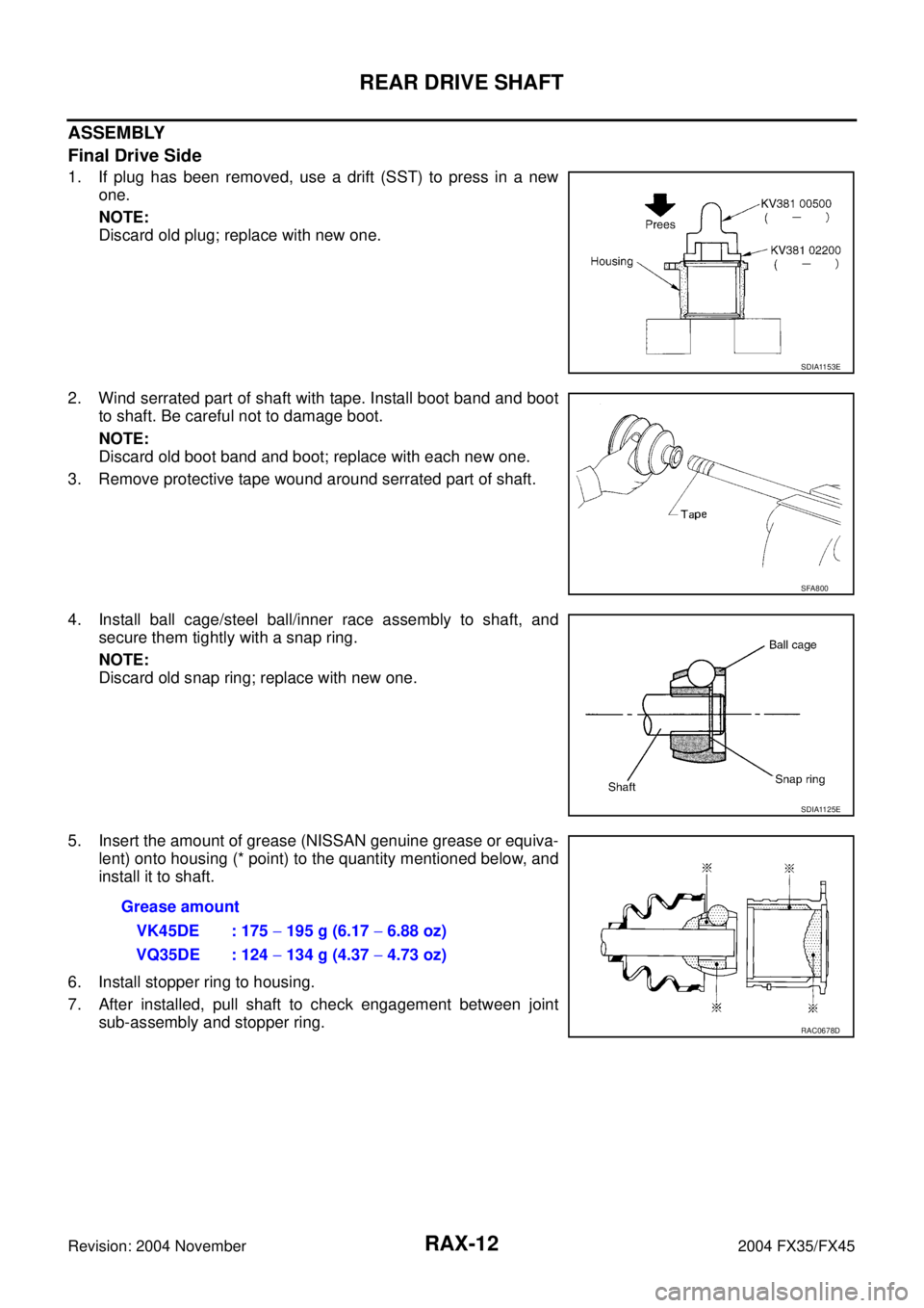 INFINITI FX35 2004  Service Manual RAX-12
REAR DRIVE SHAFT
Revision: 2004 November 2004 FX35/FX45
ASSEMBLY
Final Drive Side
1. If plug has been removed, use a drift (SST) to press in a new
one.
NOTE:
Discard old plug; replace with new 