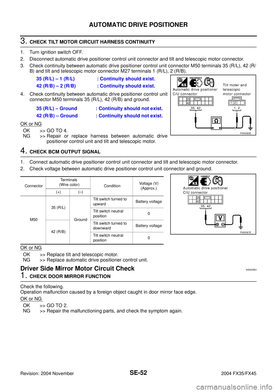 INFINITI FX35 2004  Service Manual SE-52
AUTOMATIC DRIVE POSITIONER
Revision: 2004 November 2004 FX35/FX45
3. CHECK TILT MOTOR CIRCUIT HARNESS CONTINUITY
1. Turn ignition switch OFF. 
2. Disconnect automatic drive positioner control un
