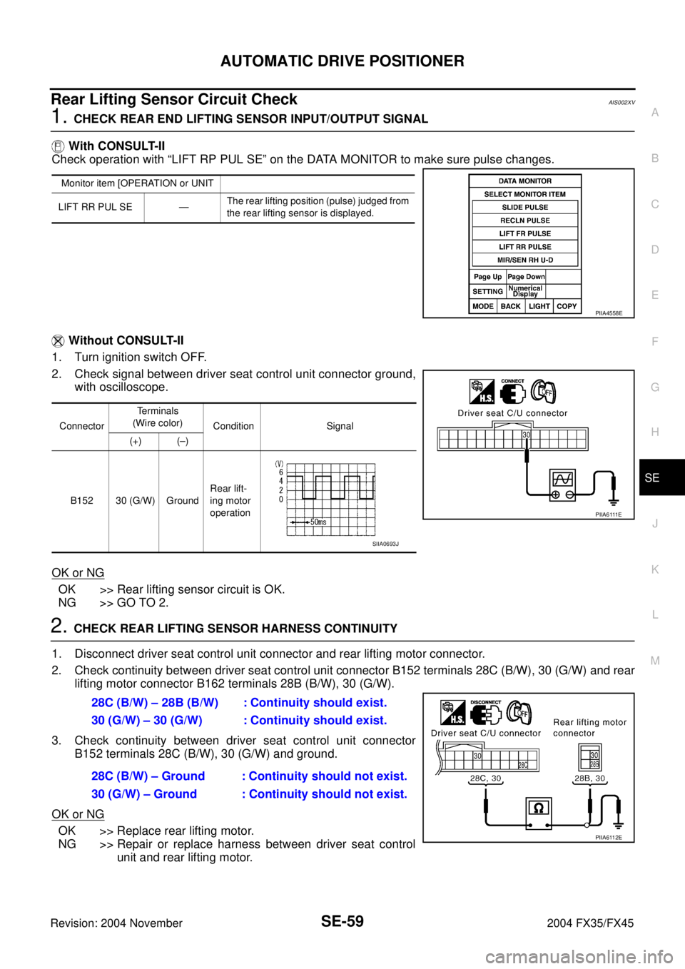 INFINITI FX35 2004 Service Manual AUTOMATIC DRIVE POSITIONER
SE-59
C
D
E
F
G
H
J
K
L
MA
B
SE
Revision: 2004 November 2004 FX35/FX45
Rear Lifting Sensor Circuit CheckAIS002XV
1. CHECK REAR END LIFTING SENSOR INPUT/OUTPUT SIGNAL
With C INFINITI FX35 2004 Service Manual AUTOMATIC DRIVE POSITIONER
SE-59
C
D
E
F
G
H
J
K
L
MA
B
SE
Revision: 2004 November 2004 FX35/FX45
Rear Lifting Sensor Circuit CheckAIS002XV
1. CHECK REAR END LIFTING SENSOR INPUT/OUTPUT SIGNAL
With C