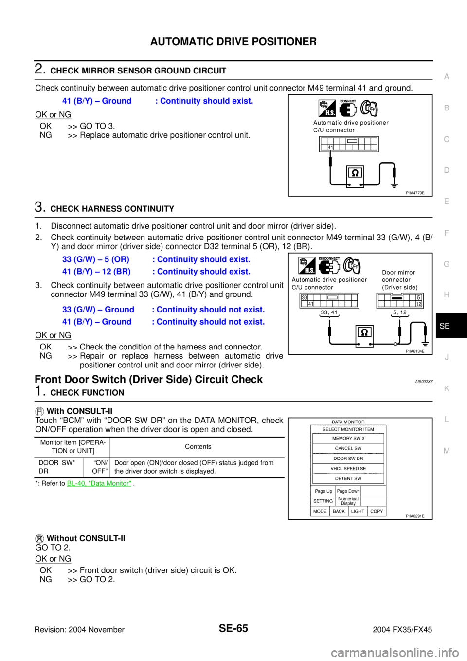 INFINITI FX35 2004  Service Manual AUTOMATIC DRIVE POSITIONER
SE-65
C
D
E
F
G
H
J
K
L
MA
B
SE
Revision: 2004 November 2004 FX35/FX45
2. CHECK MIRROR SENSOR GROUND CIRCUIT
Check continuity between automatic drive positioner control unit