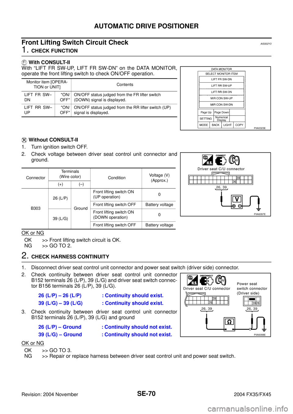 INFINITI FX35 2004 Service Manual SE-70
AUTOMATIC DRIVE POSITIONER
Revision: 2004 November 2004 FX35/FX45
Front Lifting Switch Circuit CheckAIS002Y3
1. CHECK FUNCTION
With CONSULT-II
With “LIFT FR SW-UP, LIFT FR SW-DN” on the DAT INFINITI FX35 2004 Service Manual SE-70
AUTOMATIC DRIVE POSITIONER
Revision: 2004 November 2004 FX35/FX45
Front Lifting Switch Circuit CheckAIS002Y3
1. CHECK FUNCTION
With CONSULT-II
With “LIFT FR SW-UP, LIFT FR SW-DN” on the DAT