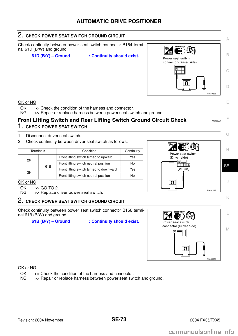 INFINITI FX35 2004  Service Manual AUTOMATIC DRIVE POSITIONER
SE-73
C
D
E
F
G
H
J
K
L
MA
B
SE
Revision: 2004 November 2004 FX35/FX45
2. CHECK POWER SEAT SWITCH GROUND CIRCUIT
Check continuity between power seat switch connector B154 te