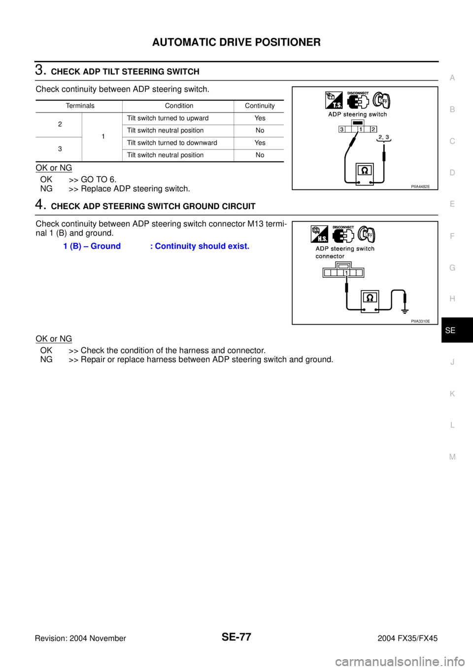 INFINITI FX35 2004  Service Manual AUTOMATIC DRIVE POSITIONER
SE-77
C
D
E
F
G
H
J
K
L
MA
B
SE
Revision: 2004 November 2004 FX35/FX45
3. CHECK ADP TILT STEERING SWITCH
Check continuity between ADP steering switch.
OK or NG
OK >> GO TO 6