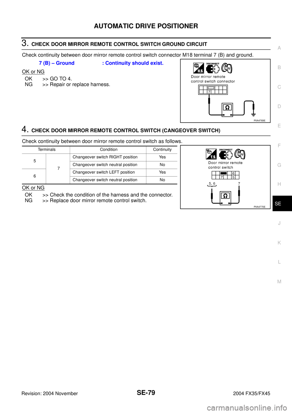INFINITI FX35 2004 Owners Guide AUTOMATIC DRIVE POSITIONER
SE-79
C
D
E
F
G
H
J
K
L
MA
B
SE
Revision: 2004 November 2004 FX35/FX45
3. CHECK DOOR MIRROR REMOTE CONTROL SWITCH GROUND CIRCUIT
Check continuity between door mirror remote 