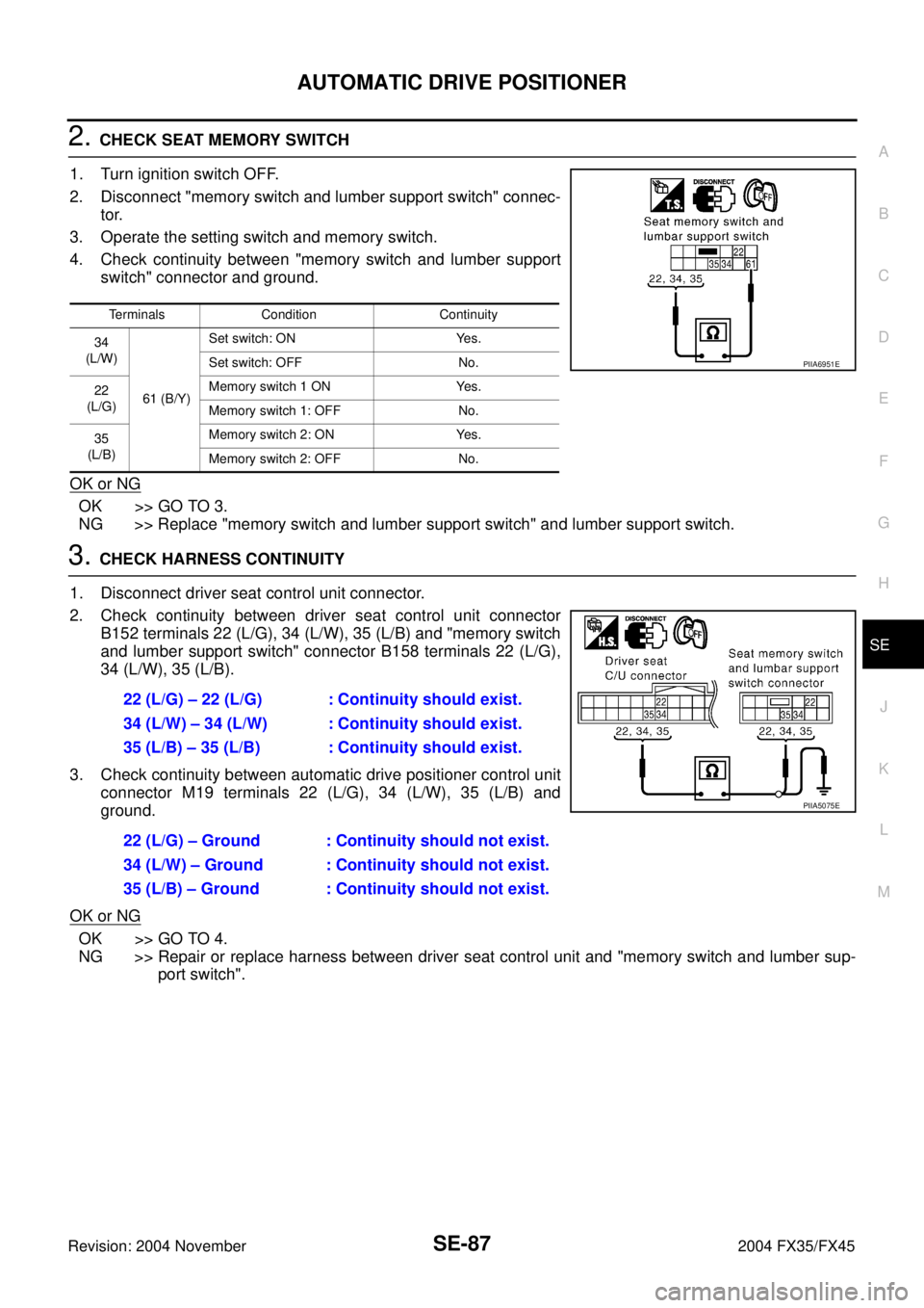 INFINITI FX35 2004  Service Manual AUTOMATIC DRIVE POSITIONER
SE-87
C
D
E
F
G
H
J
K
L
MA
B
SE
Revision: 2004 November 2004 FX35/FX45
2. CHECK SEAT MEMORY SWITCH
1. Turn ignition switch OFF.
2. Disconnect "memory switch and lumber suppo