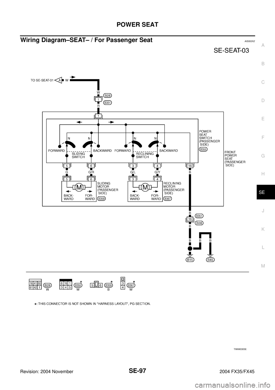 INFINITI FX35 2004  Service Manual POWER SEAT
SE-97
C
D
E
F
G
H
J
K
L
MA
B
SE
Revision: 2004 November 2004 FX35/FX45
Wiring Diagram–SEAT– / For Passenger SeatAIS002X2
TIWM0305E 