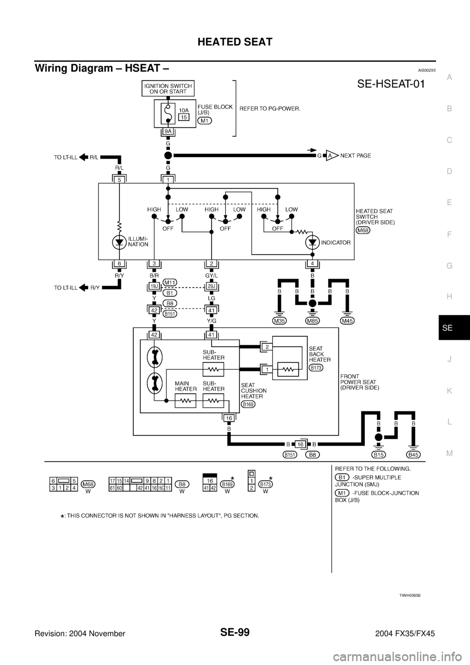 INFINITI FX35 2004  Service Manual HEATED SEAT
SE-99
C
D
E
F
G
H
J
K
L
MA
B
SE
Revision: 2004 November 2004 FX35/FX45
Wiring Diagram – HSEAT –AIS002X5
TIWH0065E 